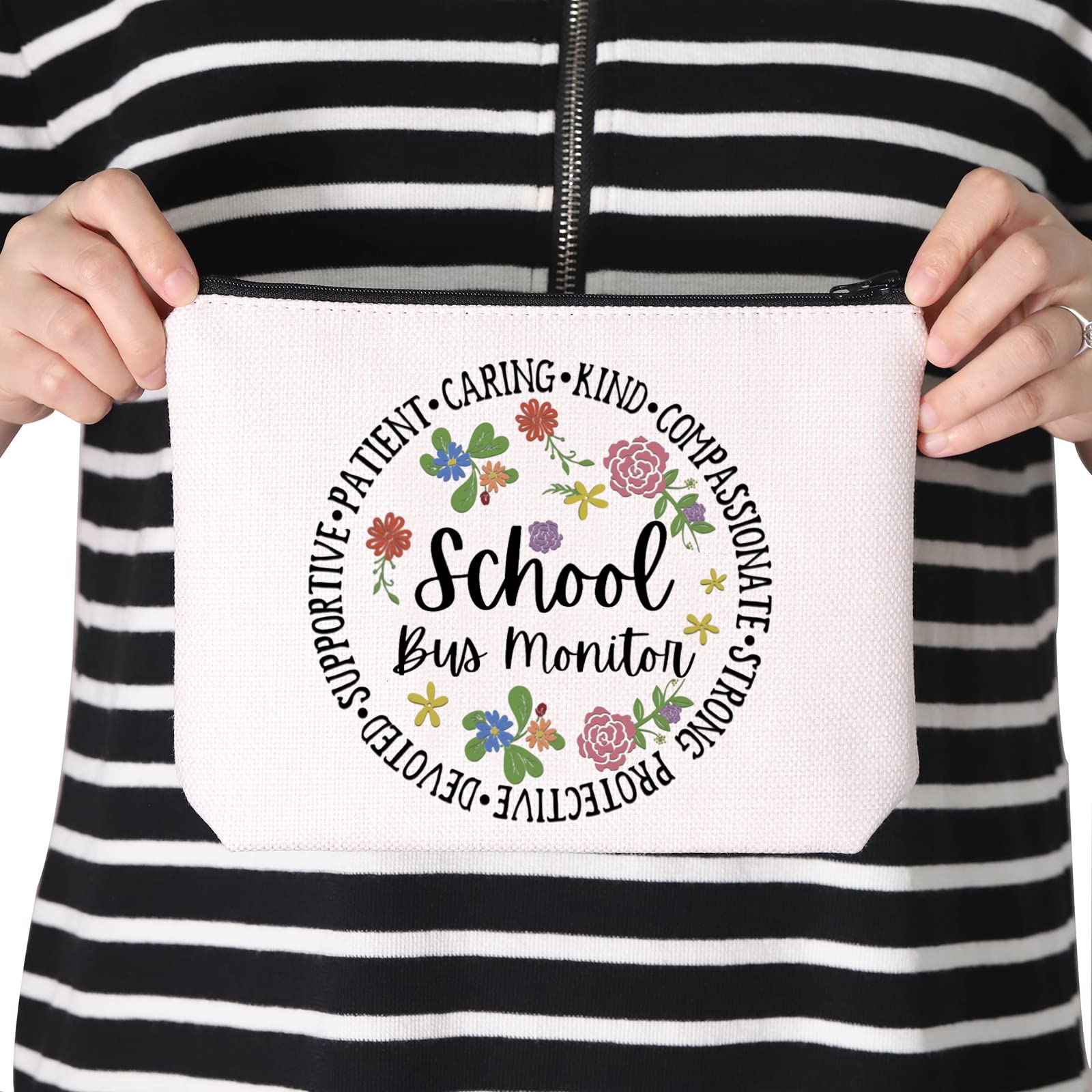 TSOTMO School Bus Monitor Gift - Beige Zipper Pouch & Makeup Bag for School Staff | Perfect Back to School Gift, Teacher Appreciation Present & Daily Essentials Organizer