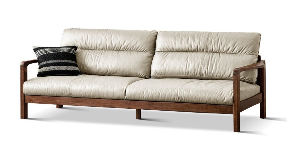 Premium Black Walnut Solid Wood Leather Sofa - Modern Luxury Living Room Furniture for Home & Office (Perfect for Lounging, Entertaining & Relaxing)