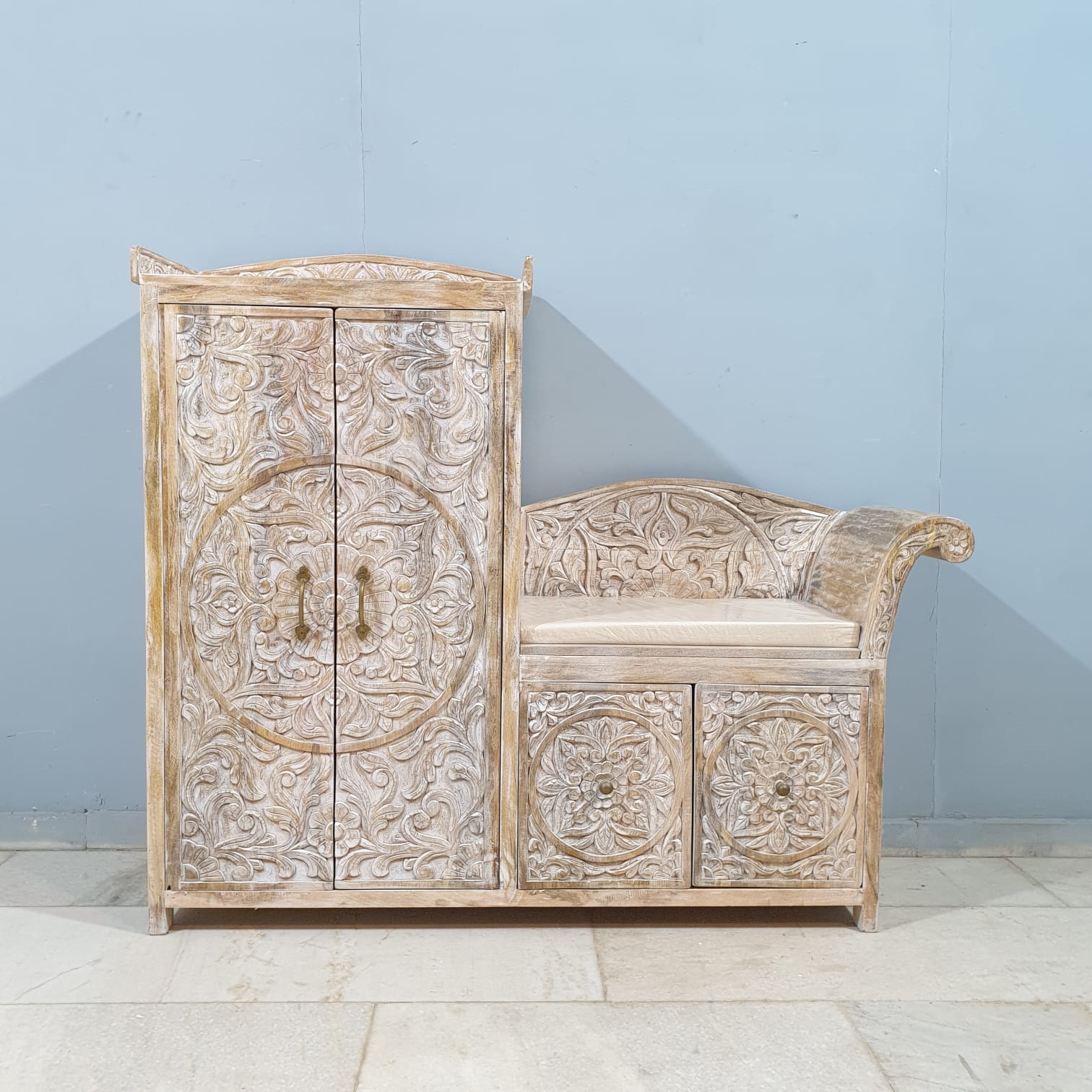 Handcrafted Solid Wood Indian Carved Seat Bench 140x120cm - Whitewash Finish for Boho & Farmhouse Decor | Perfect for Living Room, Bedroom, or Entryway