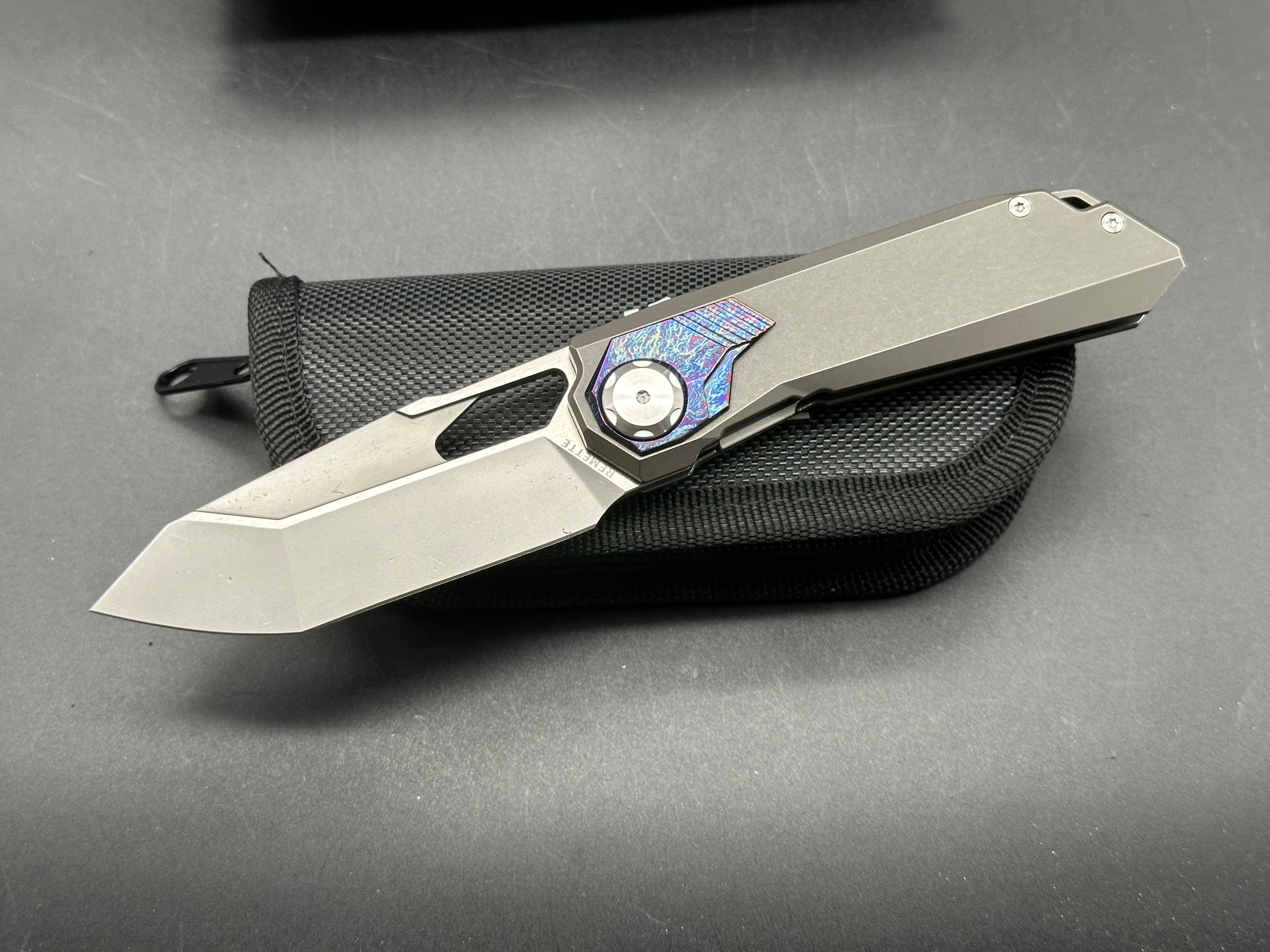 REMETTE RT Peregrine Falcon Titanium & Color Inlay Handle M390 Reverse Tanto Plain Edge Knife - Outdoor Survival, Hunting, Camping & EDC Gear