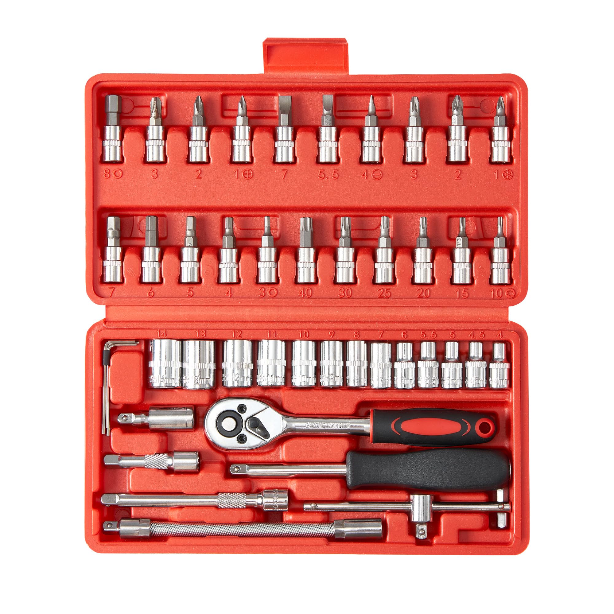 1/4 Inch Drive Socket Ratchet Wrench Set - 46 Piece Metric Bit Socket Set with Extension Bar for Auto Repair & Household Use | Perfect for Car Maintenance, DIY Projects & Home Improvement | Includes Durable Storage Case (Red)