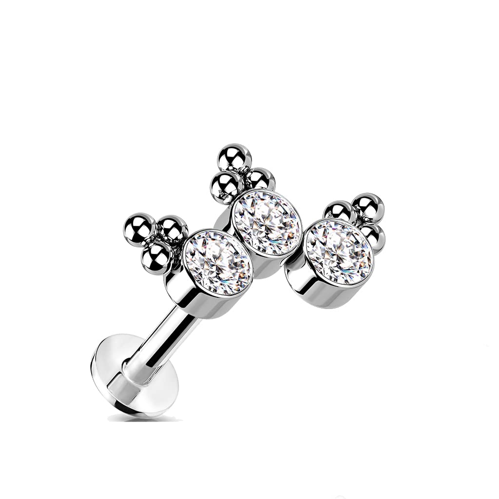 Implant Grade Titanium Threadless Push-In Labret Piercing with 3 Bezel Set CZ Stones & Trinity Ball Cluster - Body Jewelry for Lip, Nose, or Ear Piercings - Sold Individually