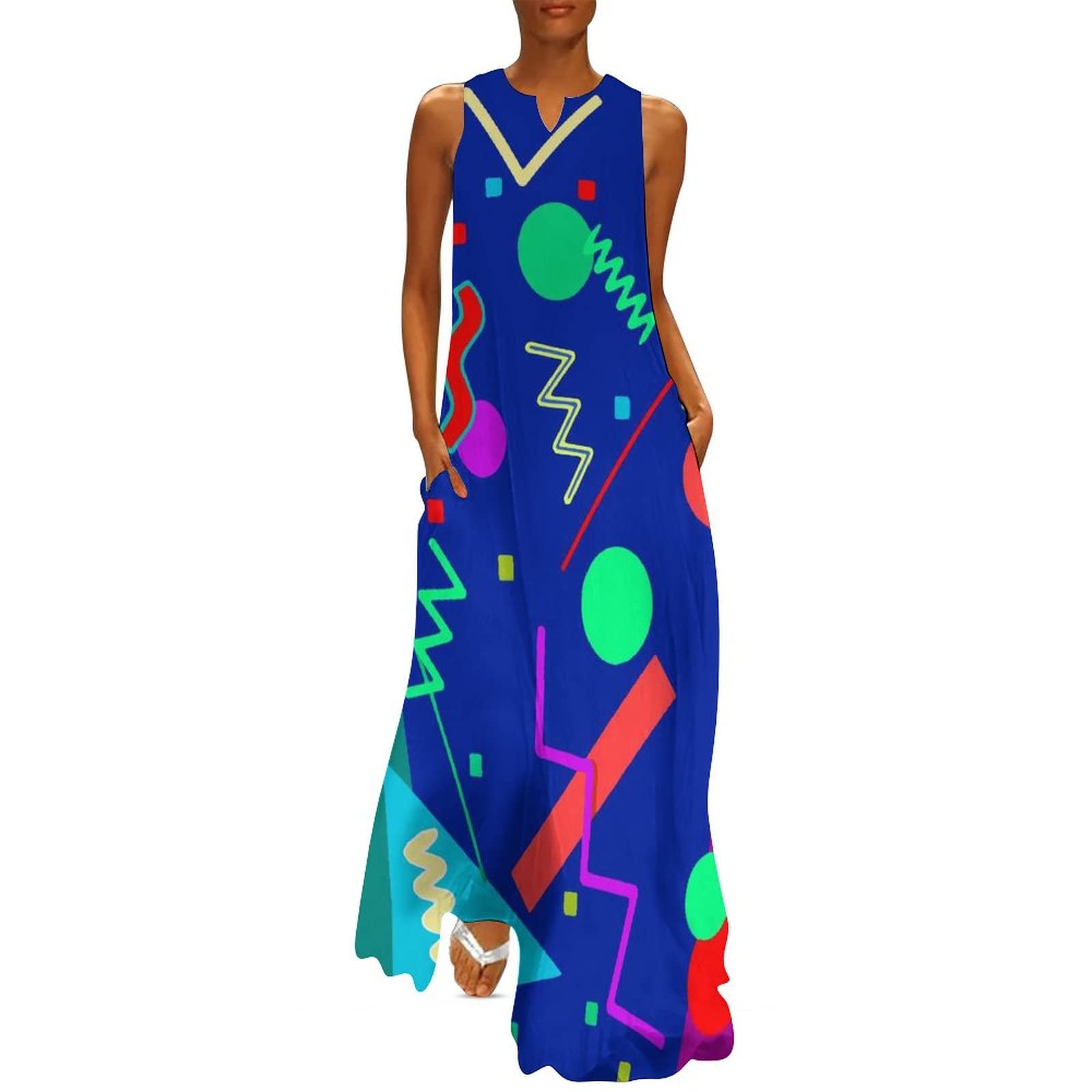Vintage 80s 90s Memphis Style Summer Dresses for Women - Retro Casual Sleeveless Long Maxi Dress | Perfect for Beach Vacations, Music Festivals & Summer Parties