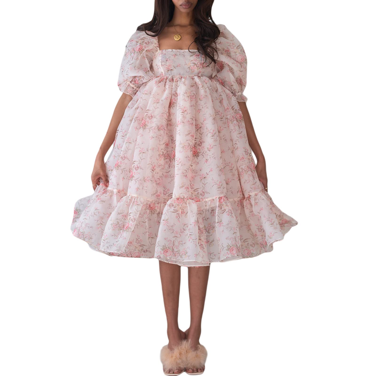 Rteyno Women's Floral Print Prom Party Dress - Ruffled Square Neck Short Puff Sleeve Summer Dress for Cocktail, Wedding Guest & Special Occasions