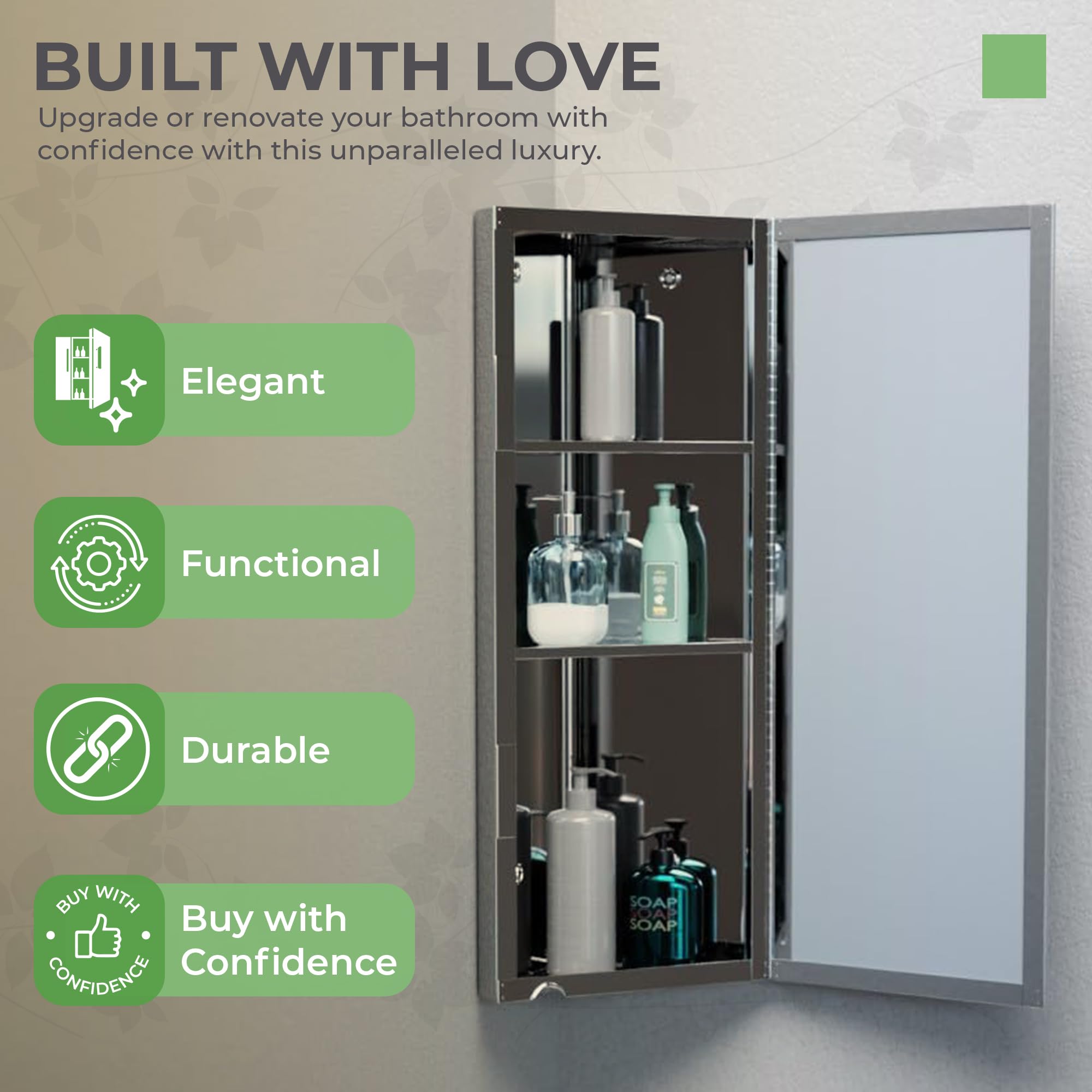 Renovators Supply Infinity Corner Medicine Cabinet with Mirror - Triple Shelf Storage, Modern Wall Mount Bathroom Cabinet - 31.5 Inch Left Open, Brushed Stainless Steel (Pack of 1) - Perfect for Small Bathrooms, Vanity Storage & Space-Saving Organization