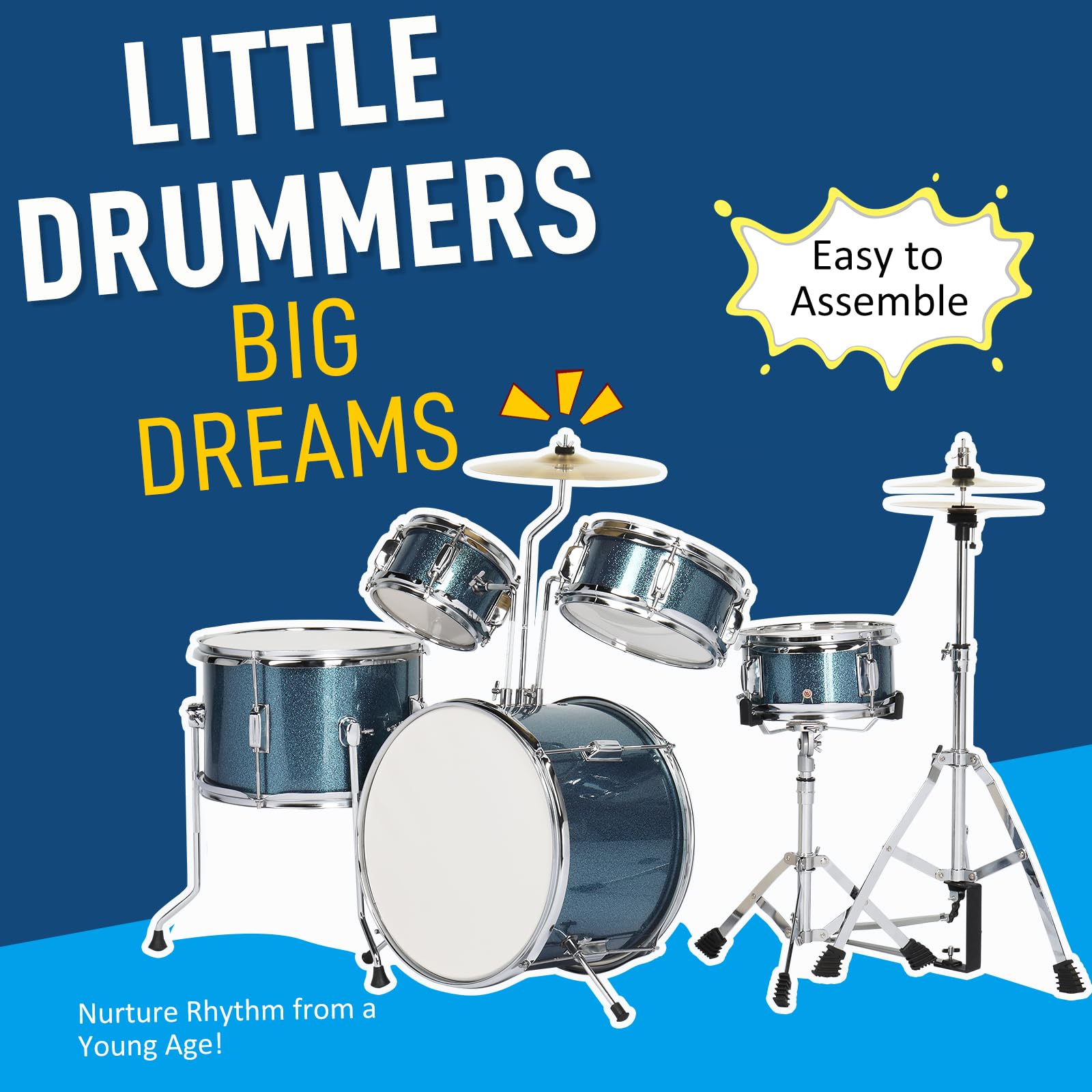 Ktaxon 5-Piece Complete Junior Drum Set - 14 Inch Kids Drum Kit with Throne Stool, Pedal & Drumsticks - Beginner Musical Instrument with Cymbal, Hi-Hat, Floor Tom & Snare Drum (Blue) - Perfect for Kids Music Lessons, Birthday Gifts & Home Practice