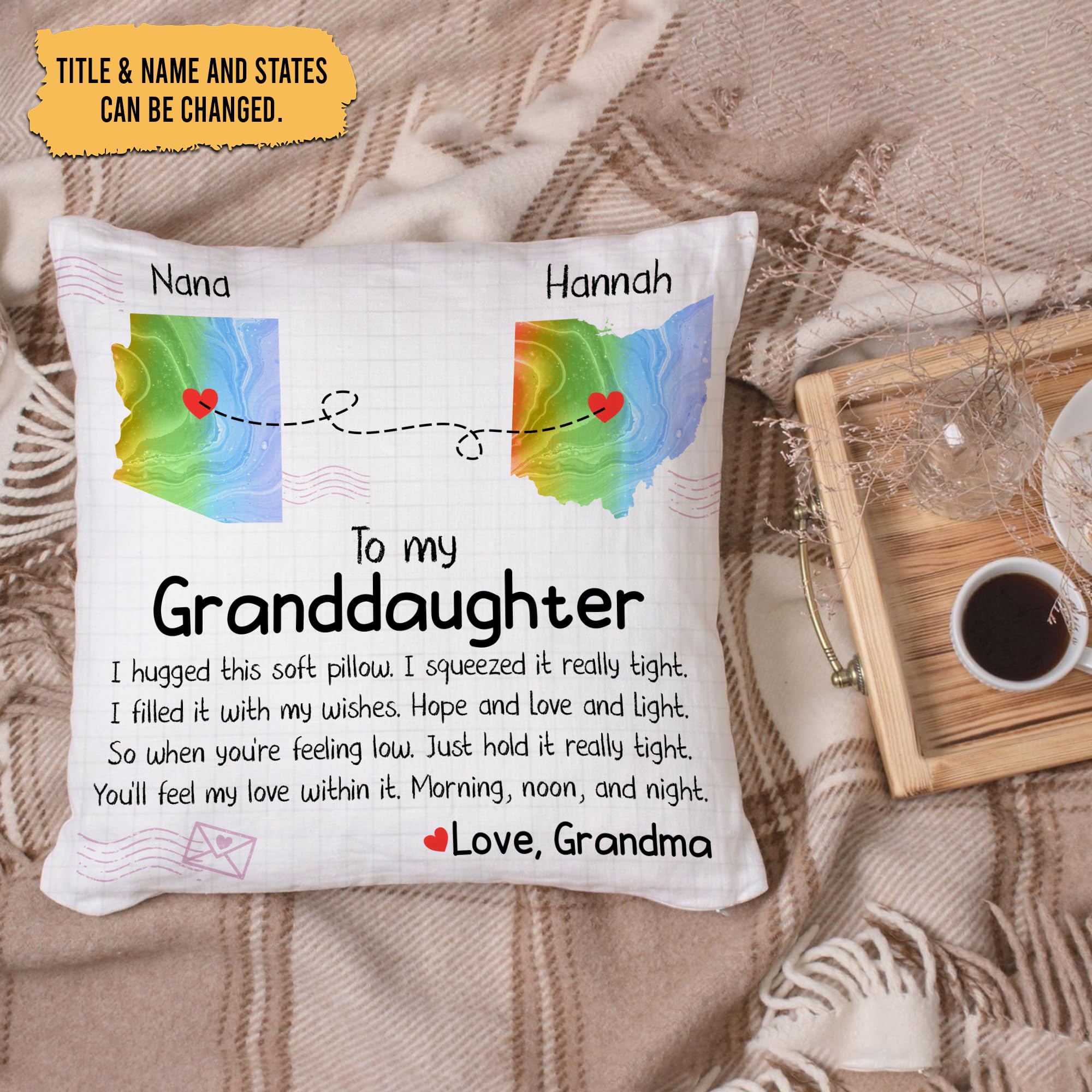 Personalized Granddaughter Pillow with Custom Name Insert - Unique Gift from Grandma for Birthday, Christmas - State to State Home Decor Throw Pillow for Sofa, Couch, Bedroom (Perfect for Nursery, Dorm Room & Family Room Decor)