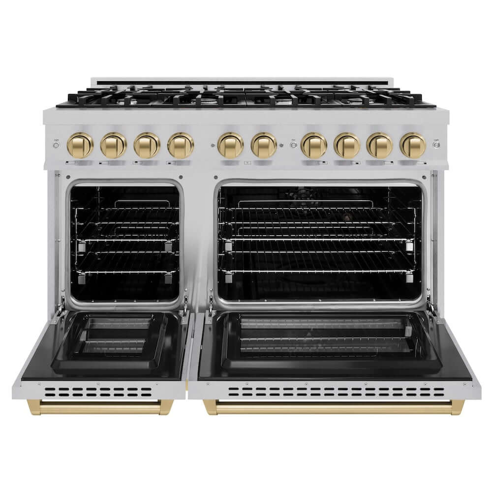ZLINE Autograph Edition 48-inch 6.7 cu. ft. Dual Fuel Range with 8-Burner Gas Cooktop - Satin Stainless Steel & Champagne Bronze Accents (HDRSZ 48 CB) | Professional Kitchen Appliance for Home Chefs & Cooking Enthusiasts