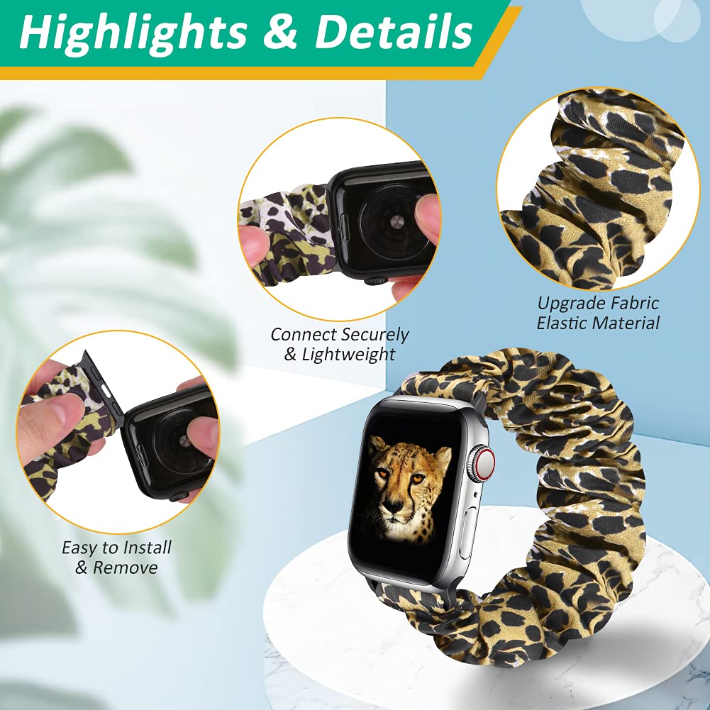 Tiptops 3 Pack Apple Watch Bands for Women - Soft Fabric Scrunchies Wristbands Compatible with iWatch Ultra 2, Series 10/9/8/7/6/5/4/3/2/1/SE (38mm-49mm) - Stylish Printed Straps for Workout, Office & Casual Wear