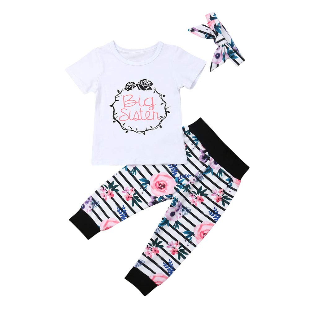**Newborn Baby Girl Outfits Set - Little Sister Big Sister Bodysuit Romper + Floral Striped Pants + Headbands - Cute Matching Clothes for Newborn Toddler Girls - Perfect for Family Photos, Birthday Parties & Special Occasions**
