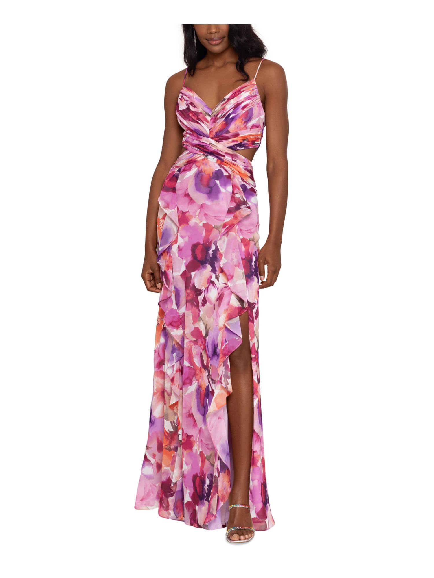 Xscape Women's Chiffon Cut-Out Evening Dress - Pink Size 12 | Elegant Formal Gown for Prom, Wedding Guest & Special Occasions