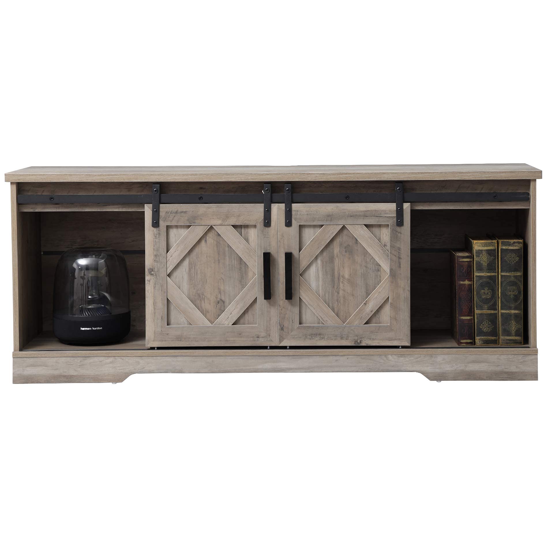 WAMPAT 65 Inch Farmhouse Sliding Barn Door TV Stand with Adjustable Shelves - Modern Wood Media Console Cabinet for Living Room, Bedroom - Wash Grey Finish - Perfect for Home Entertainment & Storage