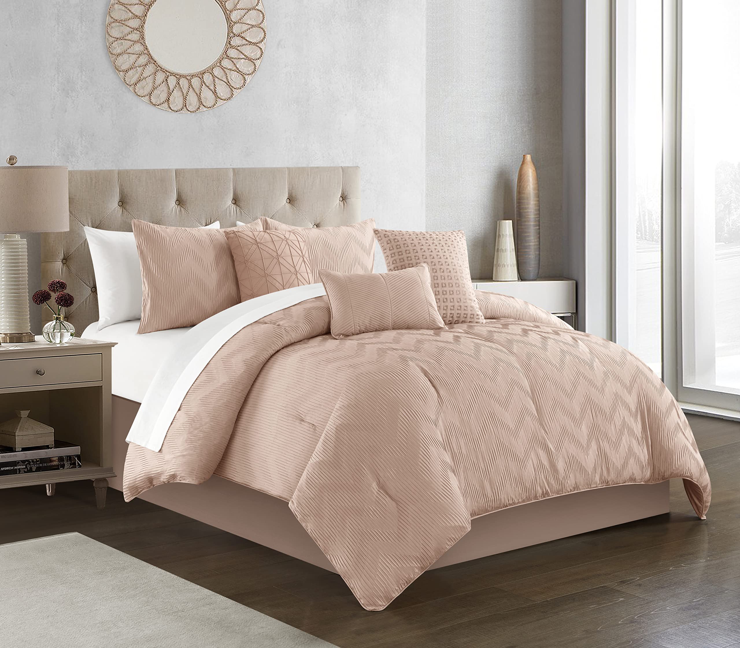 Chic Home Meredith Comforter Set - Plush Ribbed Chevron Design Bedding with Decorative Pillows & Shams Included, Queen Size, Rose Pink - Perfect for Master Bedroom, Guest Room & Cozy Home Decor