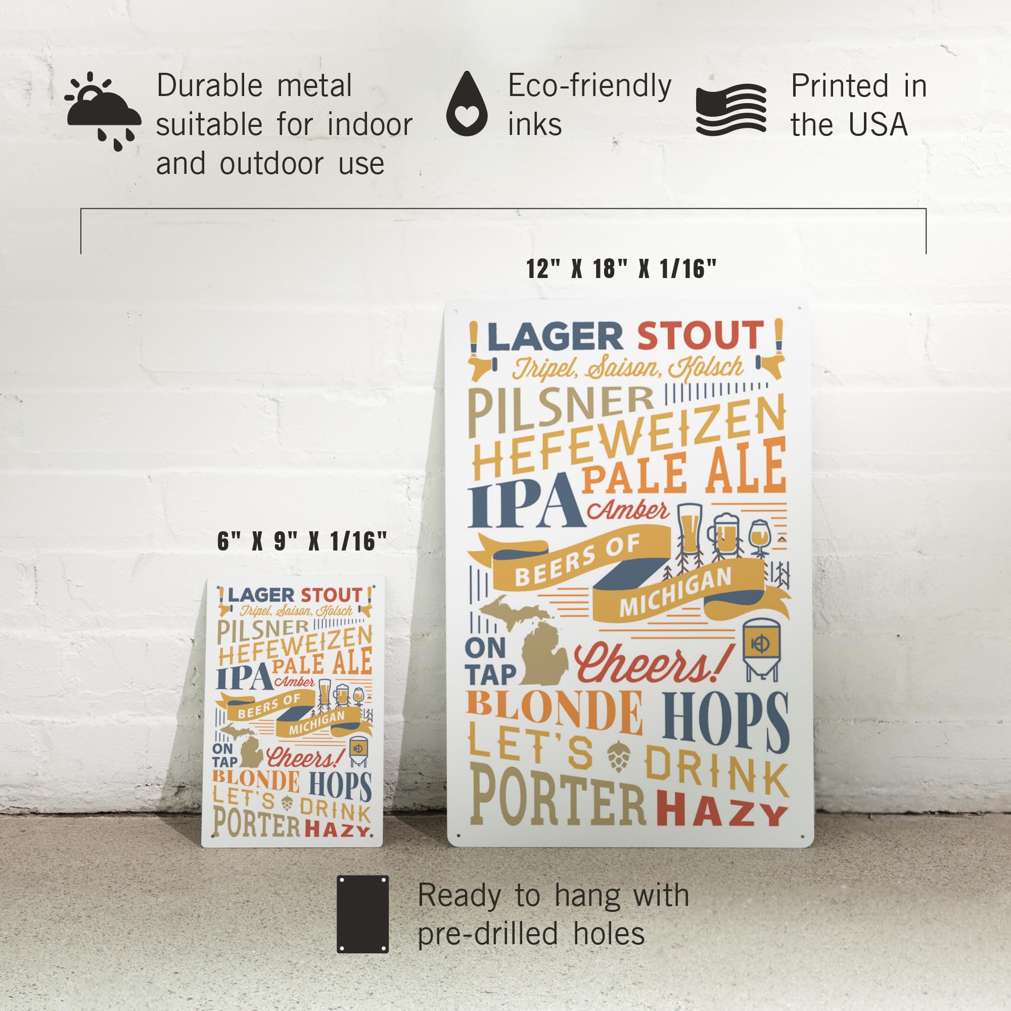 Lantern Press 12x18 Inch Metal Sign - Beers of Michigan Typography Wall Art - Perfect for Home Bar, Man Cave & Brewery Decor