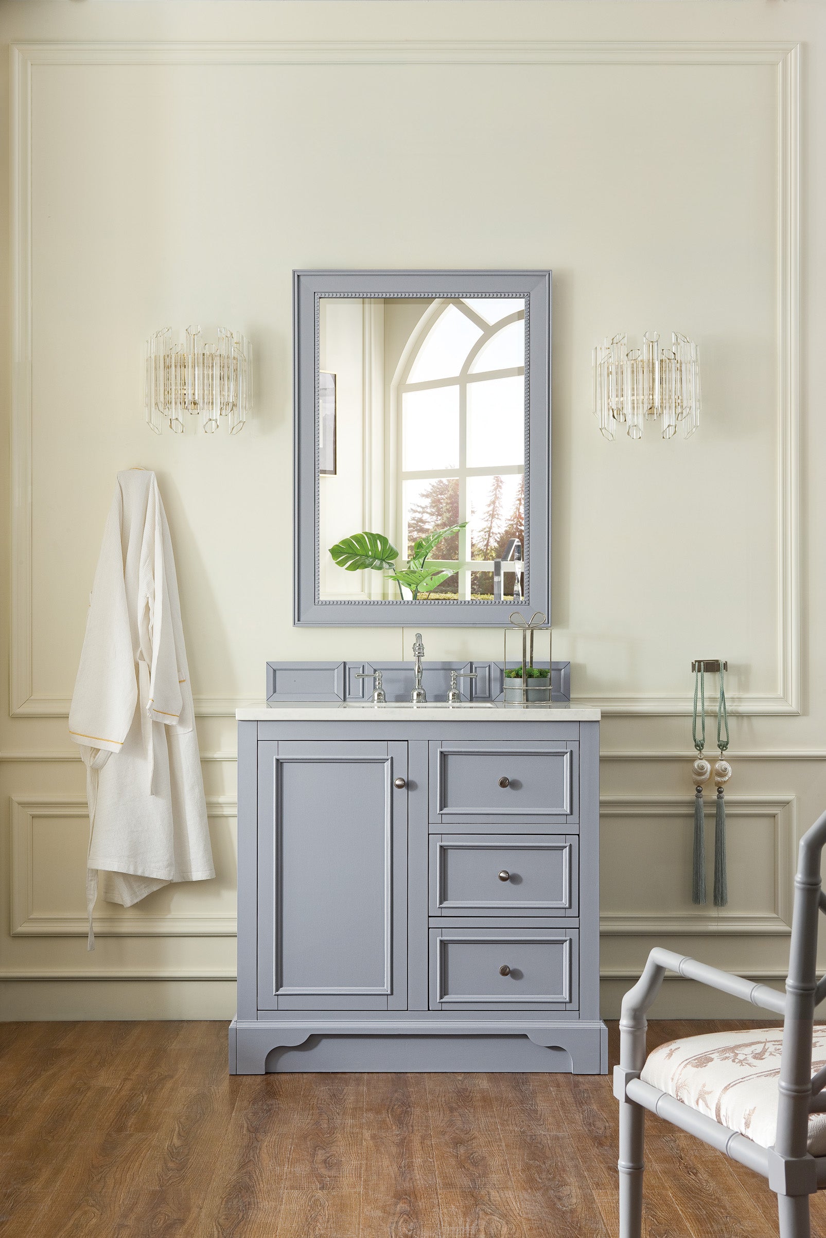 De Soto 36 Inch Single Bathroom Vanity with 3CM Arctic Fall Solid Surface Top in Silver Gray - Perfect for Modern Home & Apartment Bathroom Remodeling