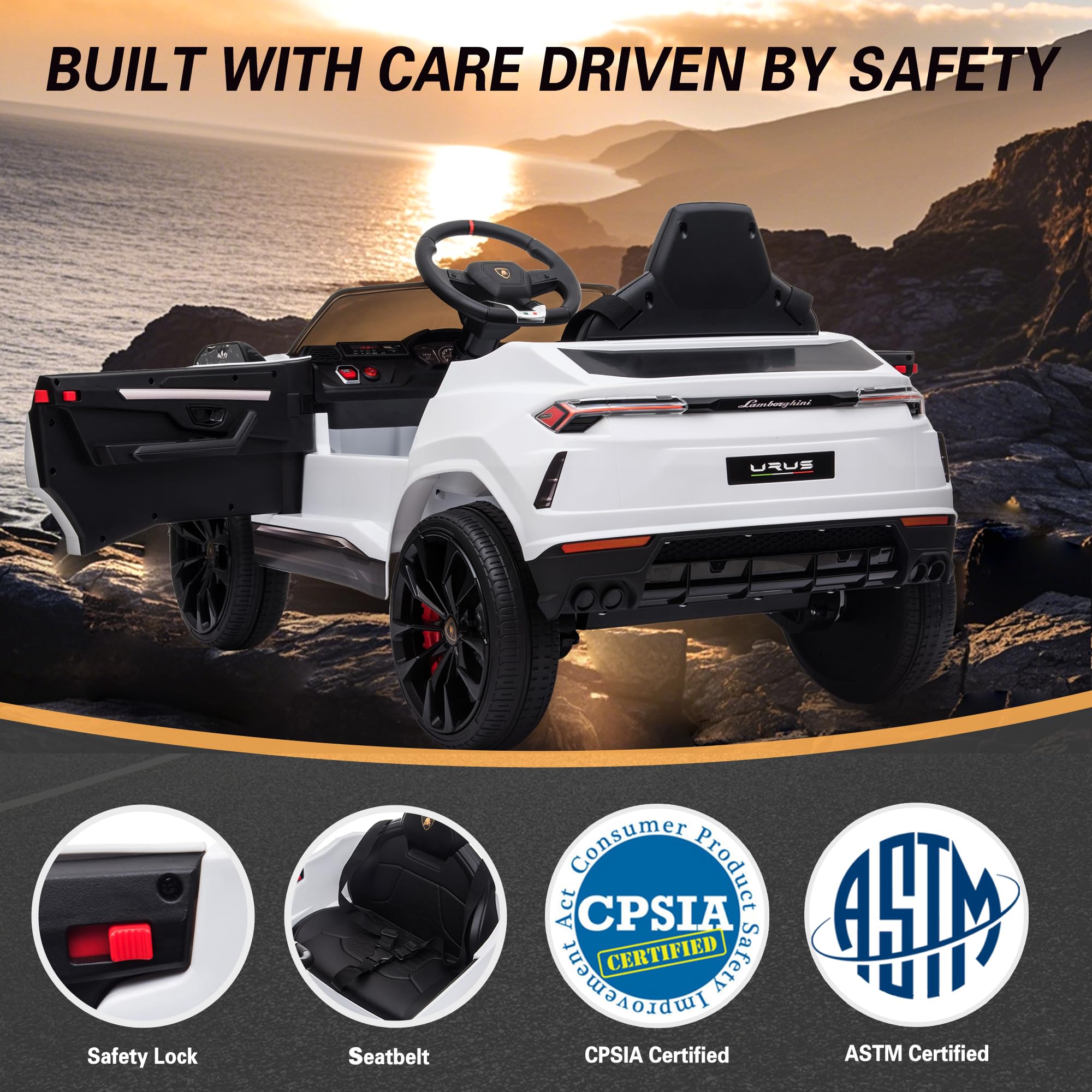Licensed Lamborghini Urus 12V Electric Ride-On Car for Kids - Remote Control, 2 Speeds, LED Headlights, Music & Aux - Perfect for Birthday Gifts & Outdoor Play (White)