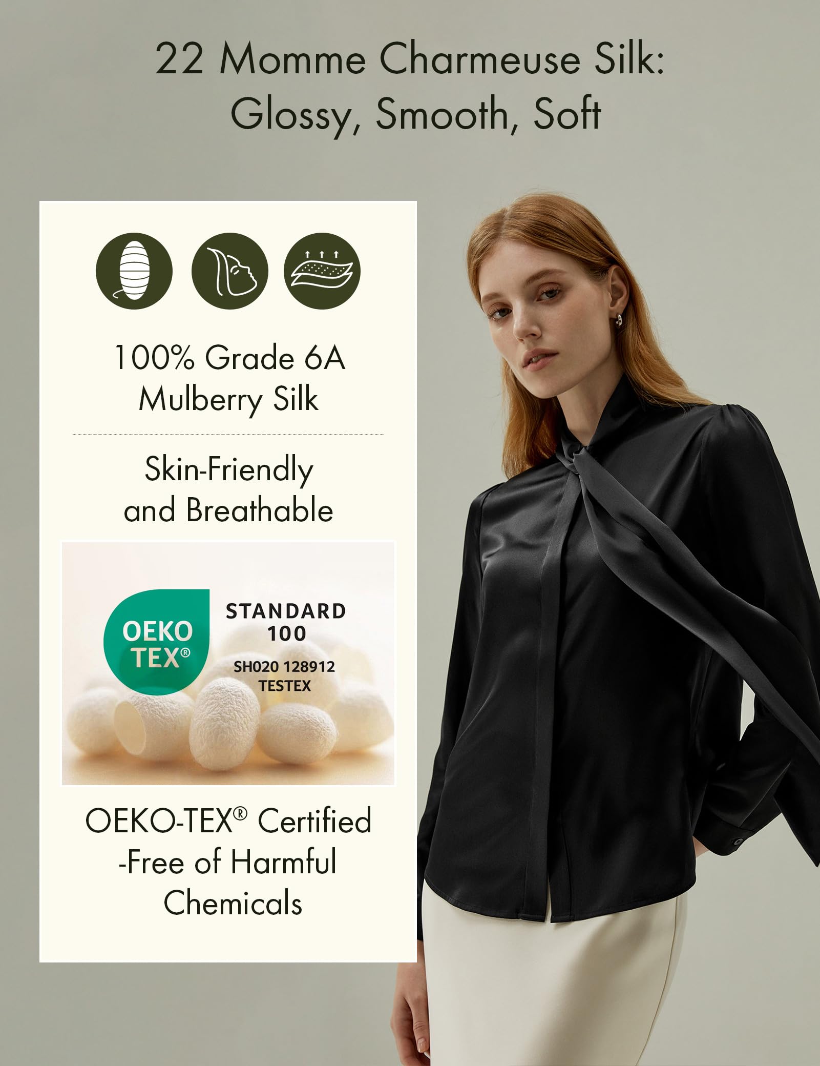 LilySilk Women's Vintage Bow-Tie Neck Silk Blouse - Long Sleeve Button Down Real Silk Shirt for Office, Party & Special Occasions