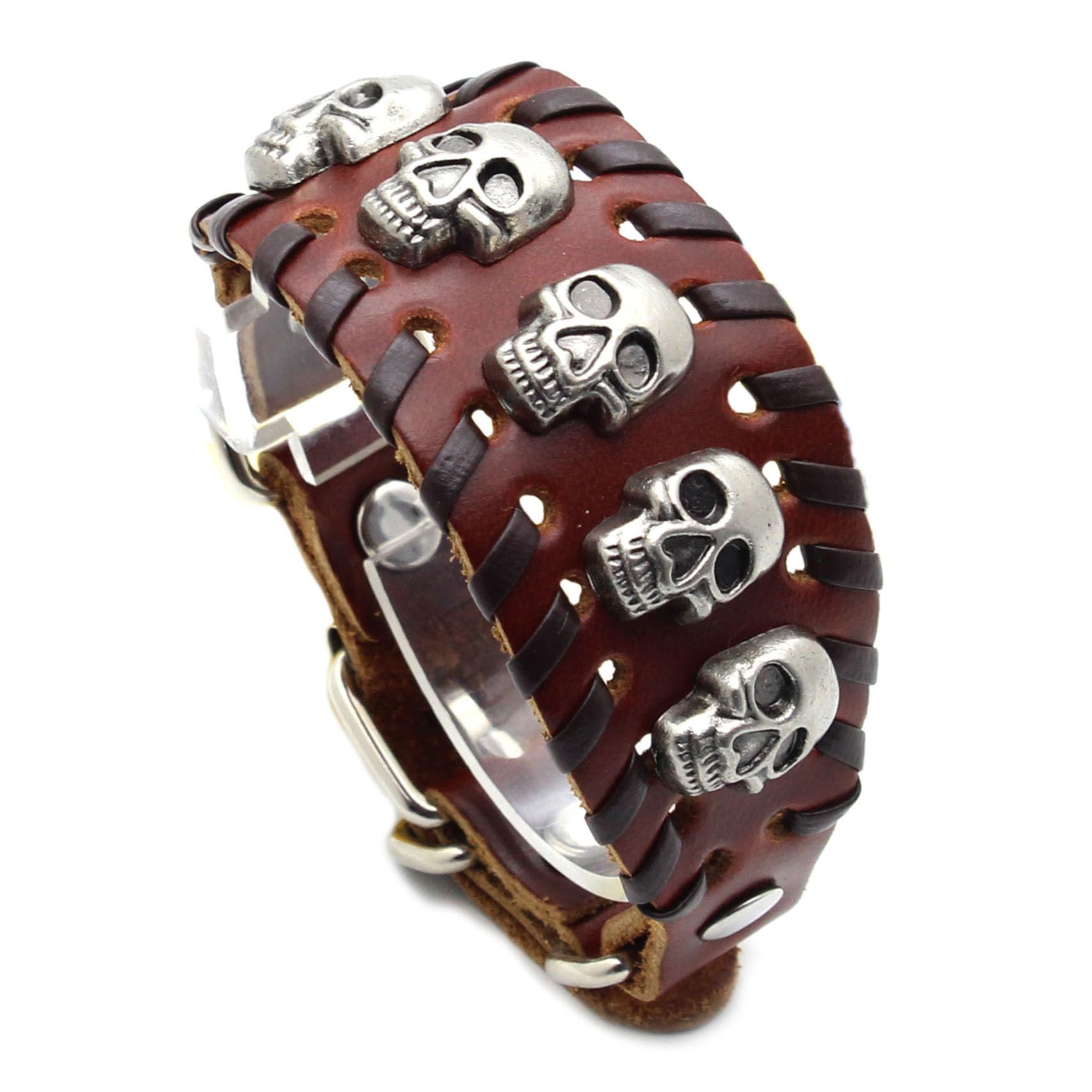 Punk Rock Skull Bracelet - Adjustable Braided Faux Leather Wristband with Belt Buckle - Gothic Arm Cuff for Men & Women - Perfect for Concerts, Halloween & Rock Fashion