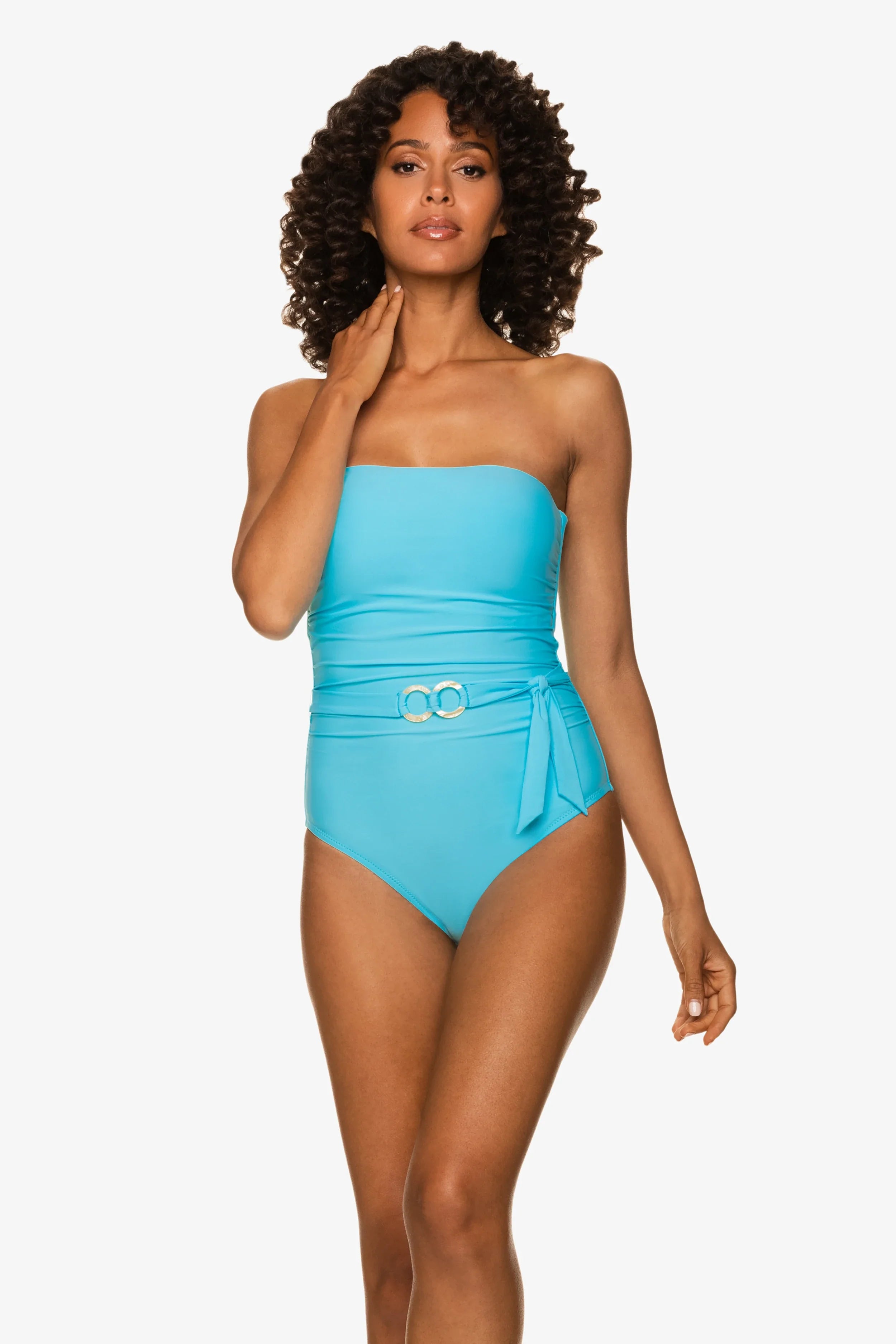 Sky Blue Belted Bandeau One Piece Swimsuit - Women's High Waisted Bathing Suit for Beach & Pool | Summer Vacation & Tropical Getaways