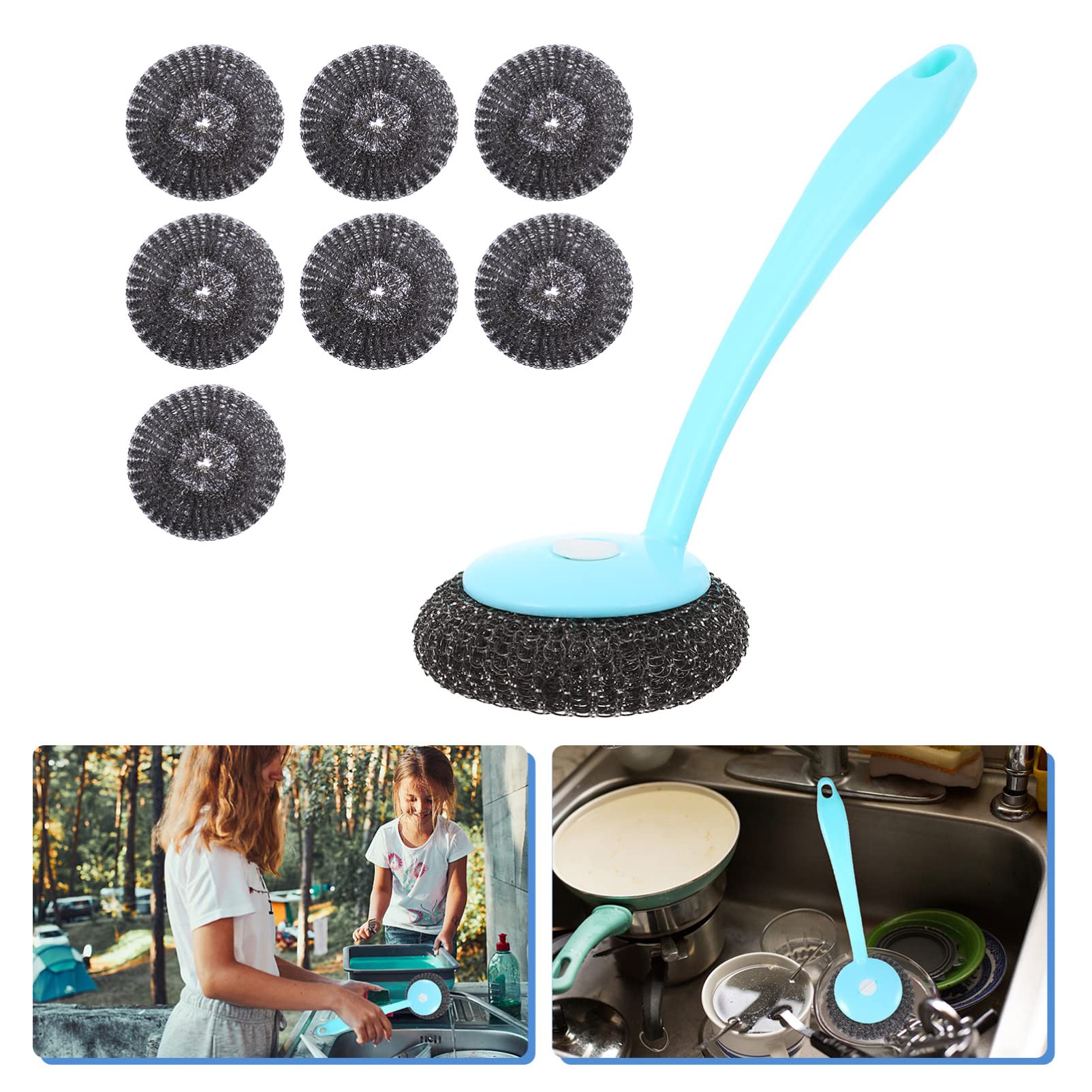 Premium Steel Wire Ball Brush Set - Heavy Duty Cleaning Brush for Pans, Pots & Dishes | Kitchen Scrubber for Tough Grease & Burnt Food Removal | Ideal for Home Kitchen, BBQ Grill & Camping Cookware Cleaning