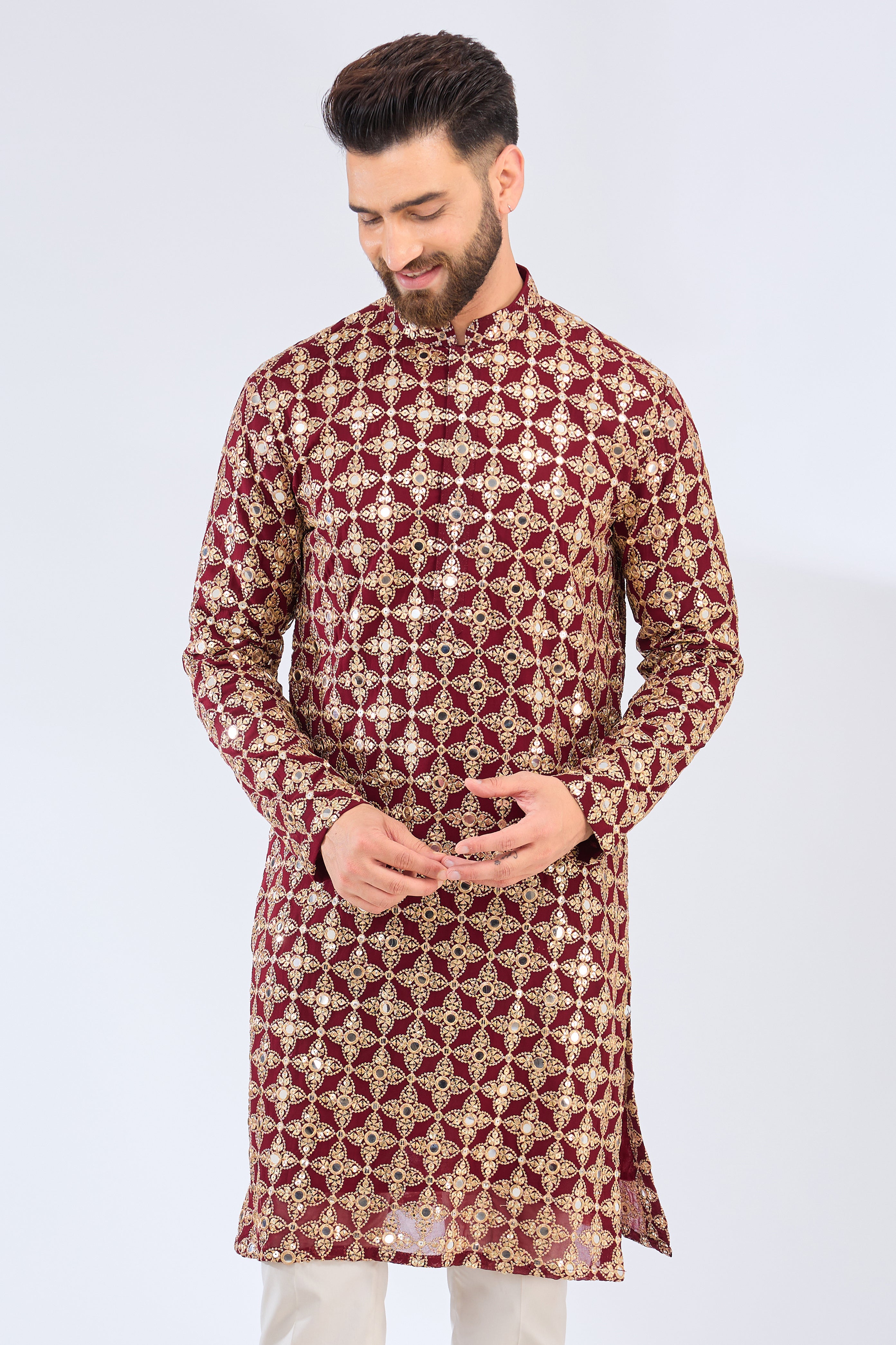 Elegant Maroon Mirror Work Kurta with Zari Embroidery - Traditional Indian Ethnic Wear for Festivals & Weddings