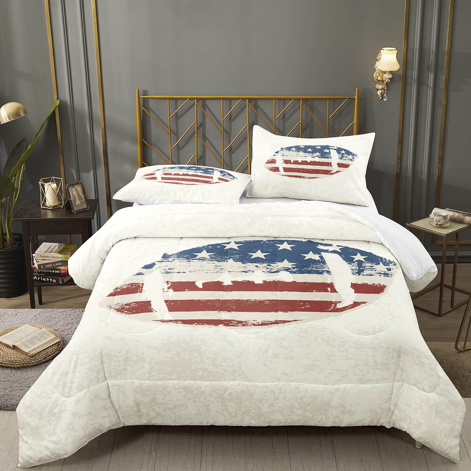 American Flag Football Comforter Set Queen Size - Soft Sports Bedding with Pillowcase for Boys & Kids | Patriotic Football Theme | Perfect for Game Day, Bedroom Decor & Sports Fans