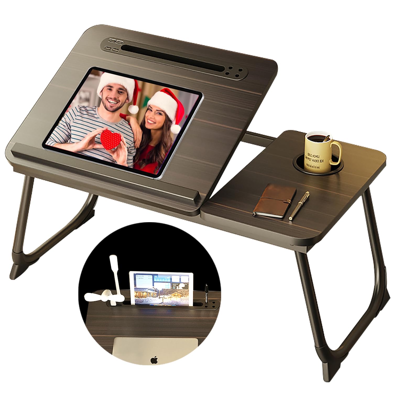 Foldable Adjustable Laptop Bed Tray with Cup Holder & USB Port - Portable Lap Desk Stand for Notebook, Tablet, Breakfast in Bed, Work from Home & Study Comfort