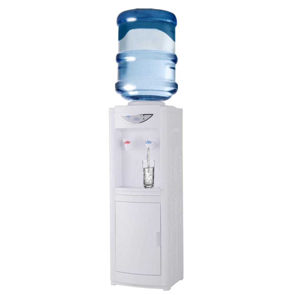 5 Gallon Hot & Cold Top Loading Water Dispenser with Child Safety Lock - Removable Drip Tray & Storage Cabinet - White Water Cooler for Home & Office Use - Perfect for Kitchens, Break Rooms & Waiting Areas
