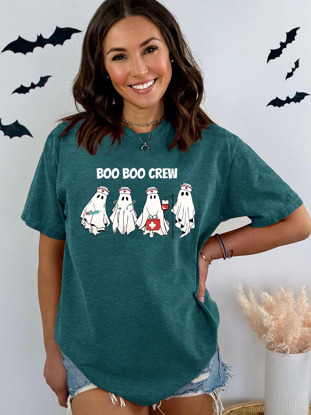 Funny Women's Boo Ghost Halloween T-Shirt - Short Sleeve Graphic Tee for Halloween Costume & Party Outfits | Perfect for Trick-or-Treating, Costume Parties & Spooky Season