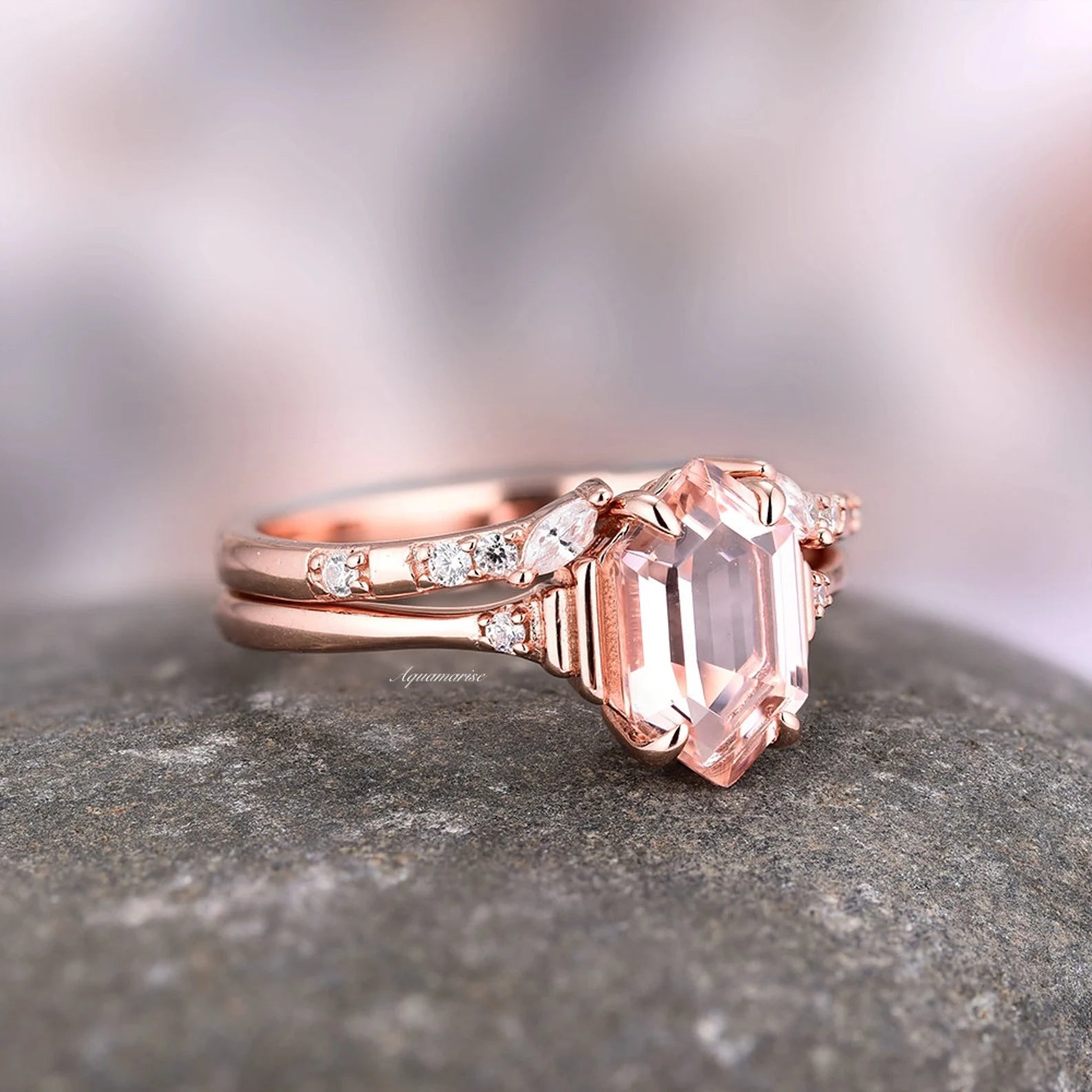 Hexagon Morganite Couples Ring - 14K Gold Plated Wedding Band for Women & Men, Romantic Anniversary Gift for Her/Him, Perfect for Engagements, Weddings & Special Occasions