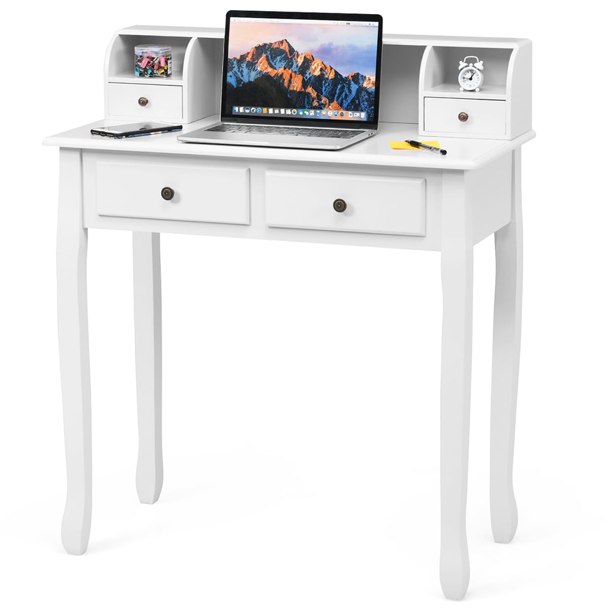 Giantex White Writing Desk with 4 Drawers & Removable Floating Organizer - 2-Tier Mission Style Computer Desk for Small Spaces - Perfect for Home Office, Apartment Study & Vanity Use