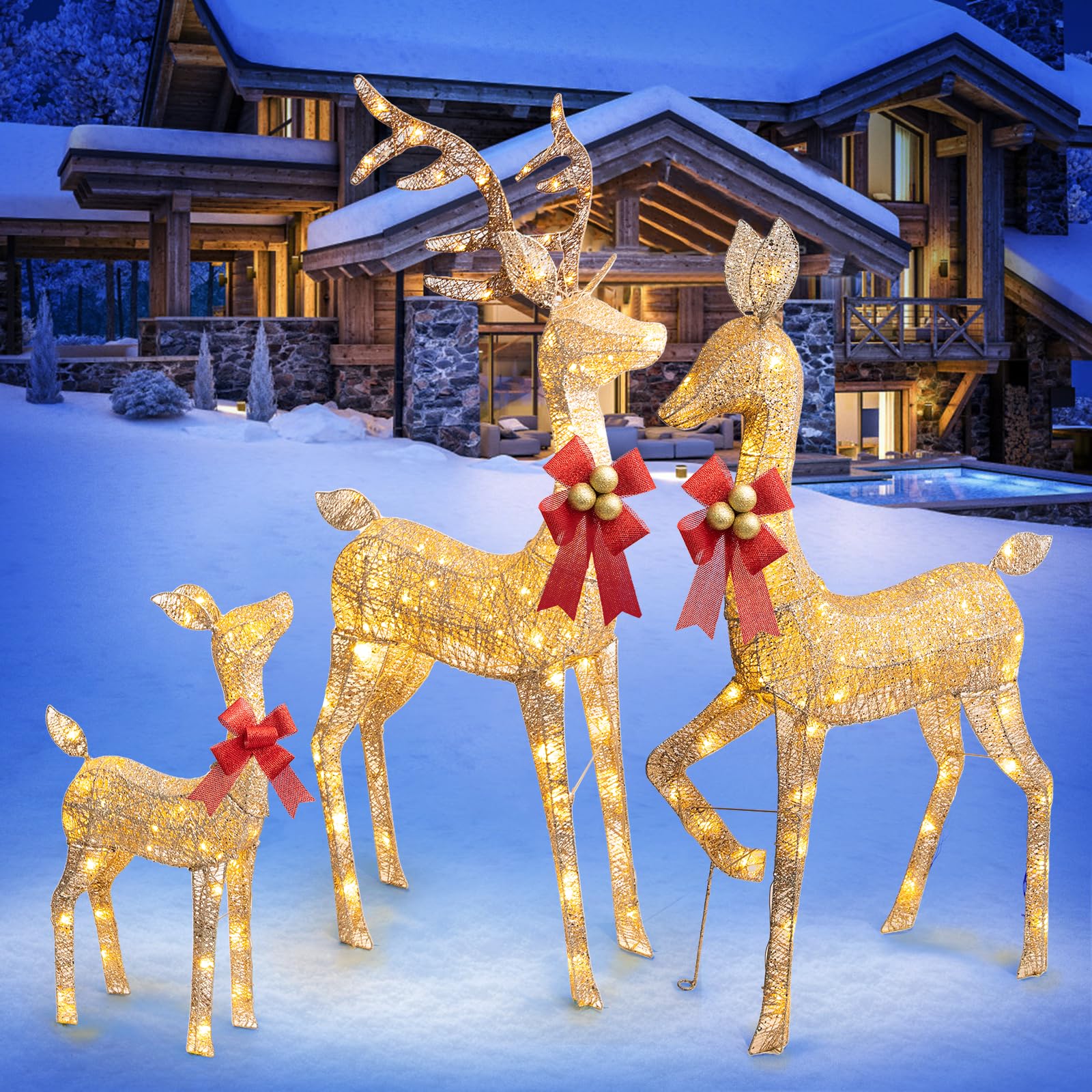 3Pcs Large LED Lighted Reindeer Christmas Decorations - 3D Outdoor Yard Deer Decor Set with 210 Warm White Lights, Ground Stakes & Zip Ties for Holiday Home Garden Party Decoration