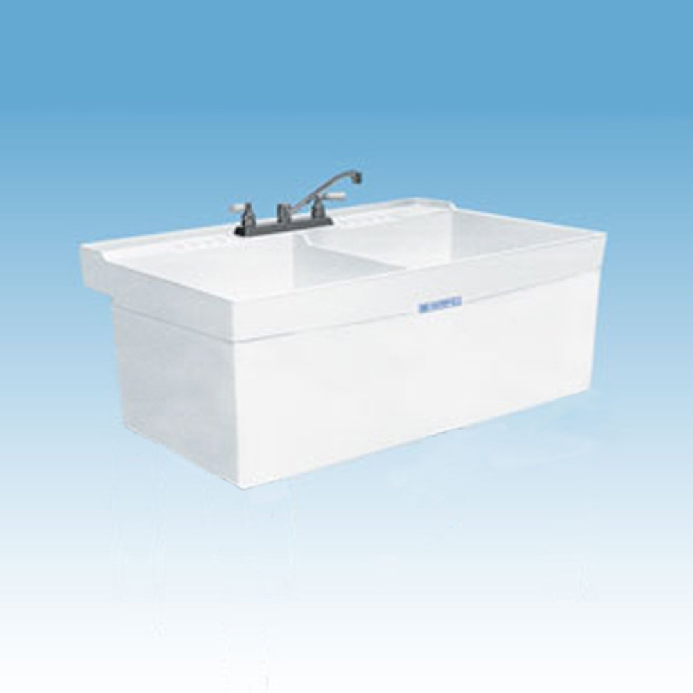 Mustee 26W White Composite Utility Sink - 2 Basin Wall Mount Laundry Tub with Drain - Perfect for Laundry Rooms, Garages & Workshops