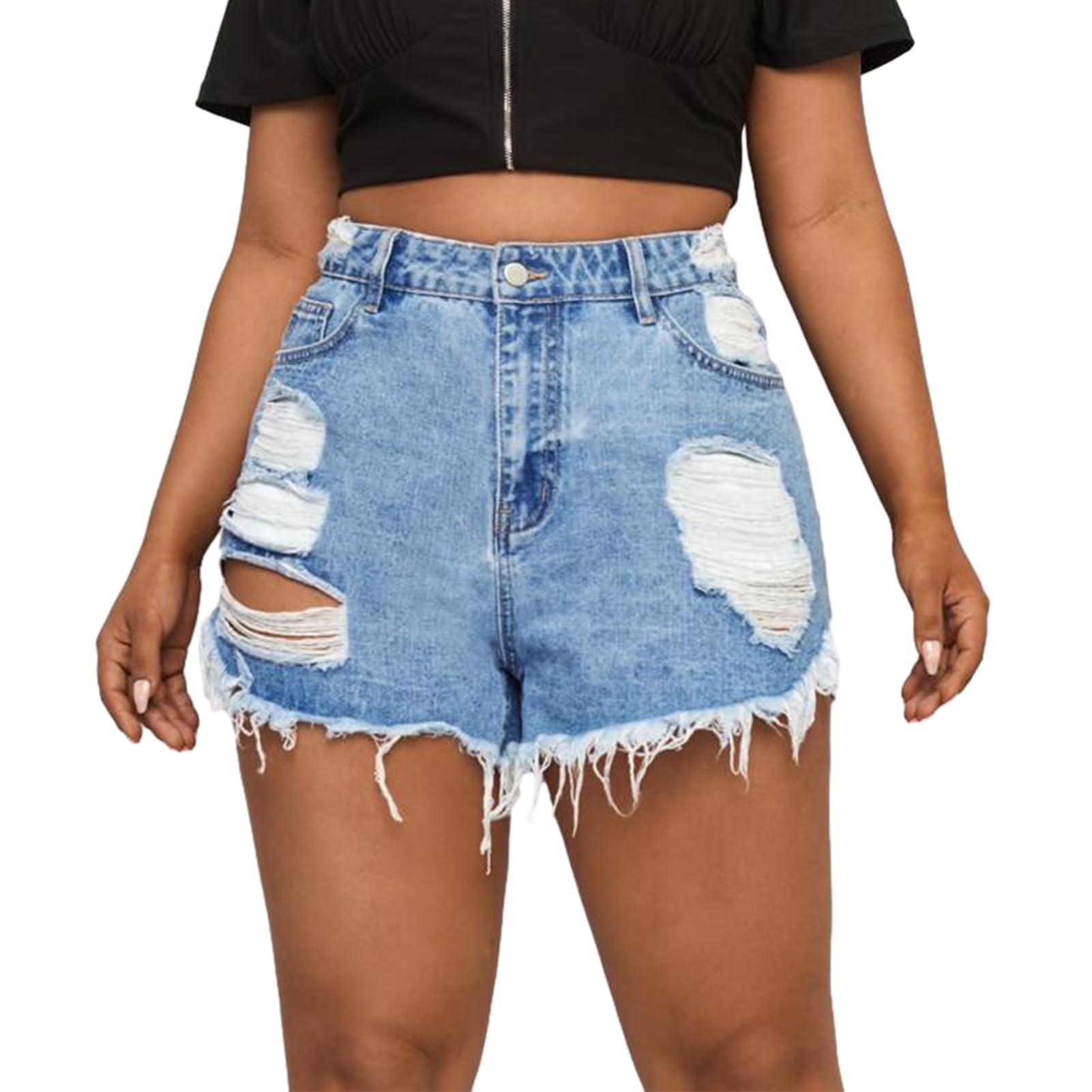 MapleHub Plus Size Women's Ripped Denim Shorts - High Waisted Stretchy Jean Shorts with Folded Hem for Summer Casual Wear & Beach Outfits