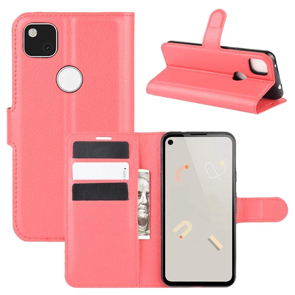 Google Pixel 4a Flip Wallet Case - Litchi Texture with Card Slots & Holder (Red) for Daily Use & Travel