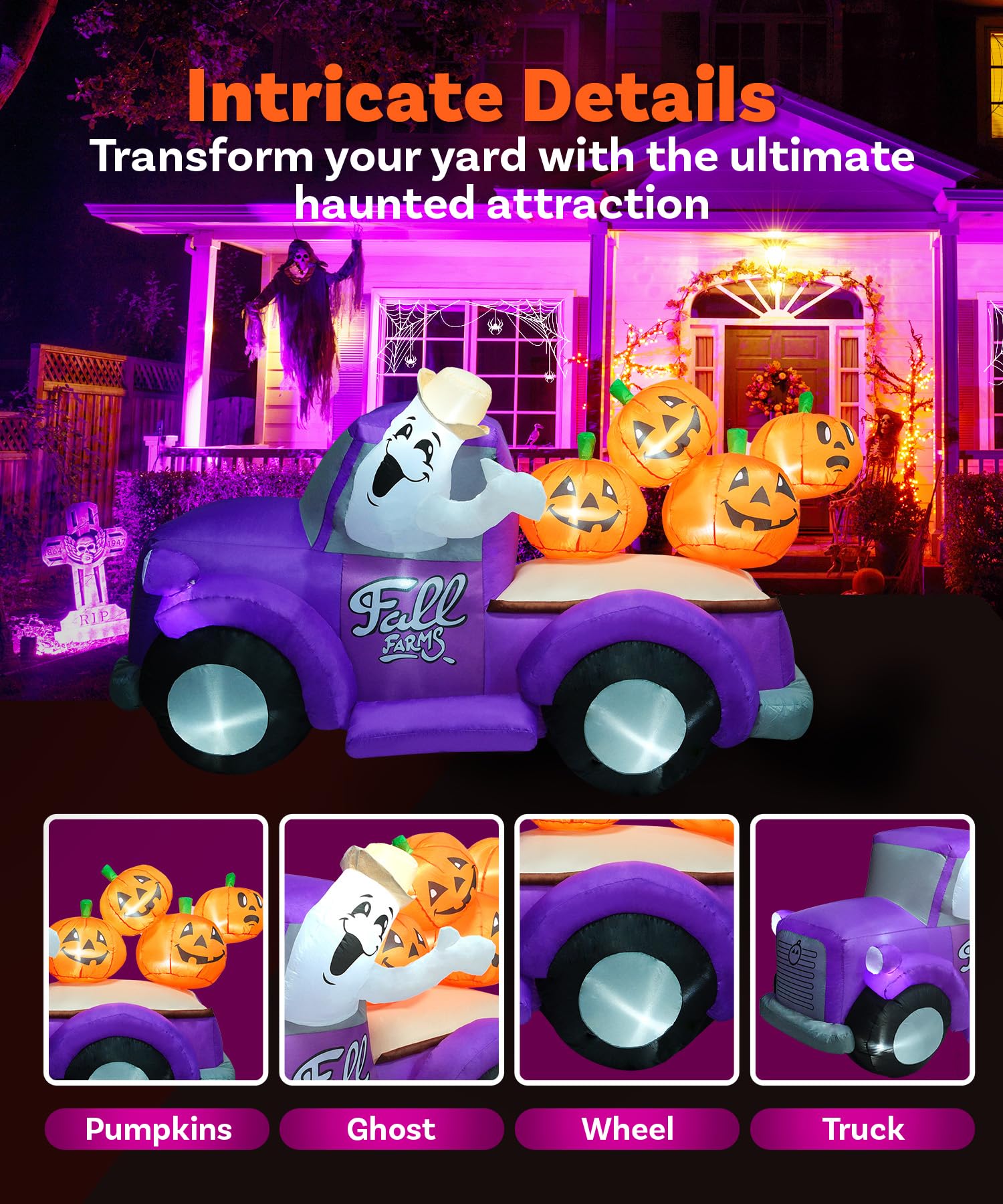 7ft Halloween Inflatable Ghost Hayride Truck - Large Outdoor LED Decorations for Yard, Haunted House & Party | Premium Inflatable Blow Up Decor for Halloween, Christmas & Holiday Celebrations