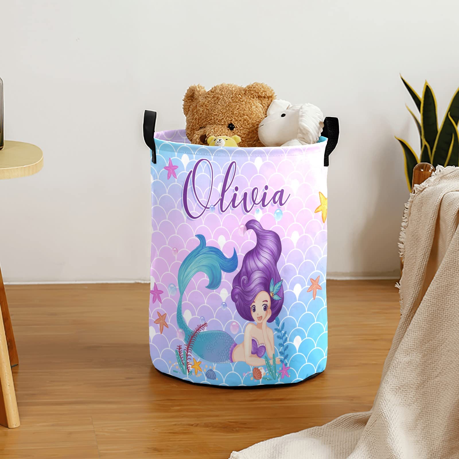 Personalized Mermaid Laundry Basket with Name - Custom Kids Laundry Hamper for Girls & Toddlers - Perfect for Bedroom, Nursery, or Playroom Organization (Style 01)
