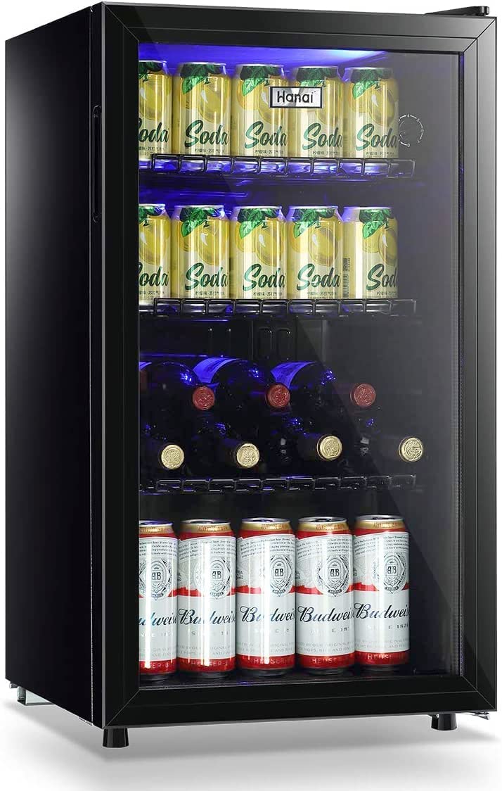 WANAI 3.2 Cu. Ft Mini Fridge with Glass Door - 120 Can Capacity Beverage Cooler, Small Wine Refrigerator for Home, Office, Bar - Energy Efficient with LED Lights & 7 Thermostat Settings - Perfect for Storing Soda, Beer, Wine, and Snacks in Dorm, Bedroom, or Game Room