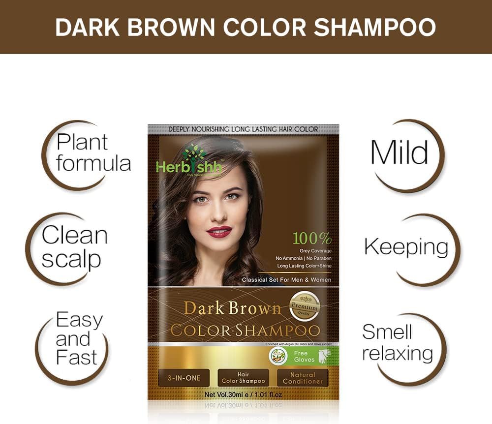 Herbishh Gray Hair Color Shampoo (Dark Brown) with Hair Wax Stick - Natural Hair Dye for Women & Men | Covers Gray Hair & Styling for Daily Use