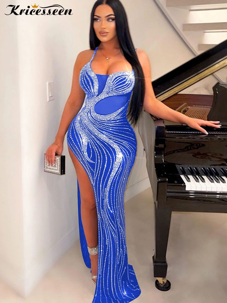 Sparkling Rhinestones Mesh Patchwork Maxi Dress for Women - Elegant Evening Gown for Parties, Prom, and Special Occasions