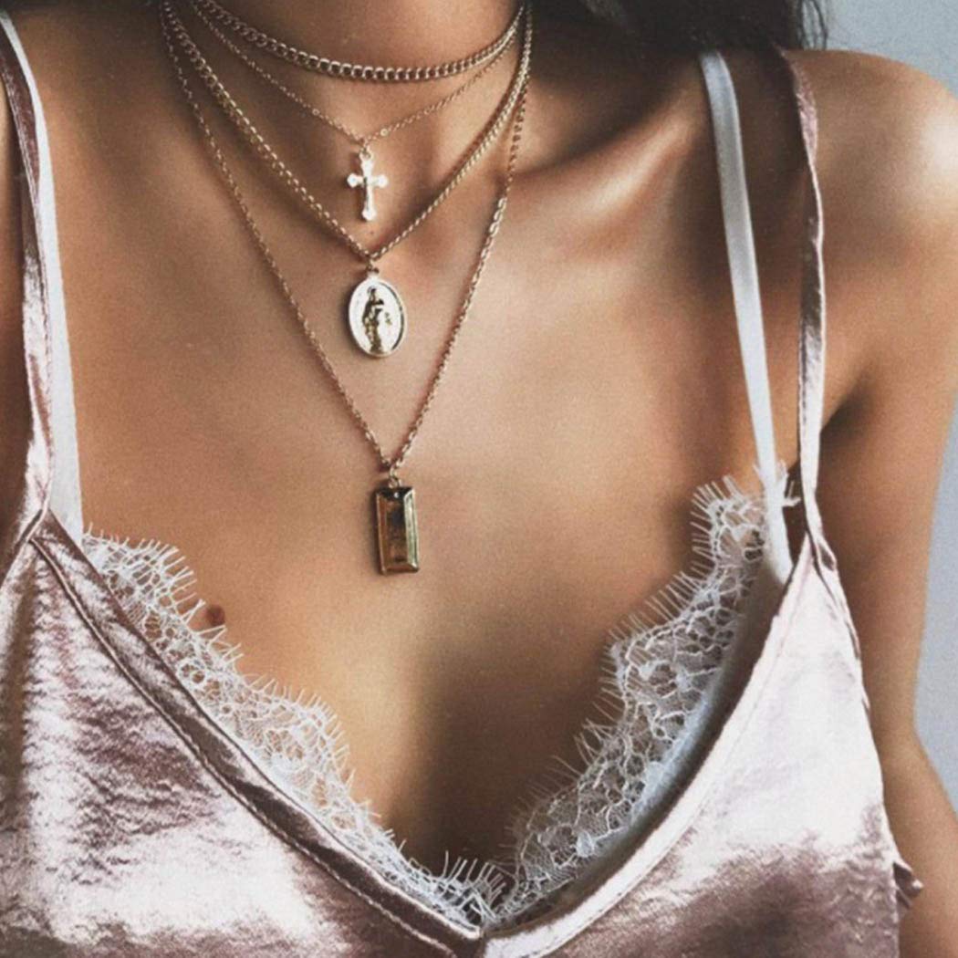 Boho Layered Choker Necklace with Gold Jesus Pendant - Adjustable Coin Chain Necklace for Women & Girls | Perfect for Casual Wear, Layered Jewelry Styling, and Gift Giving