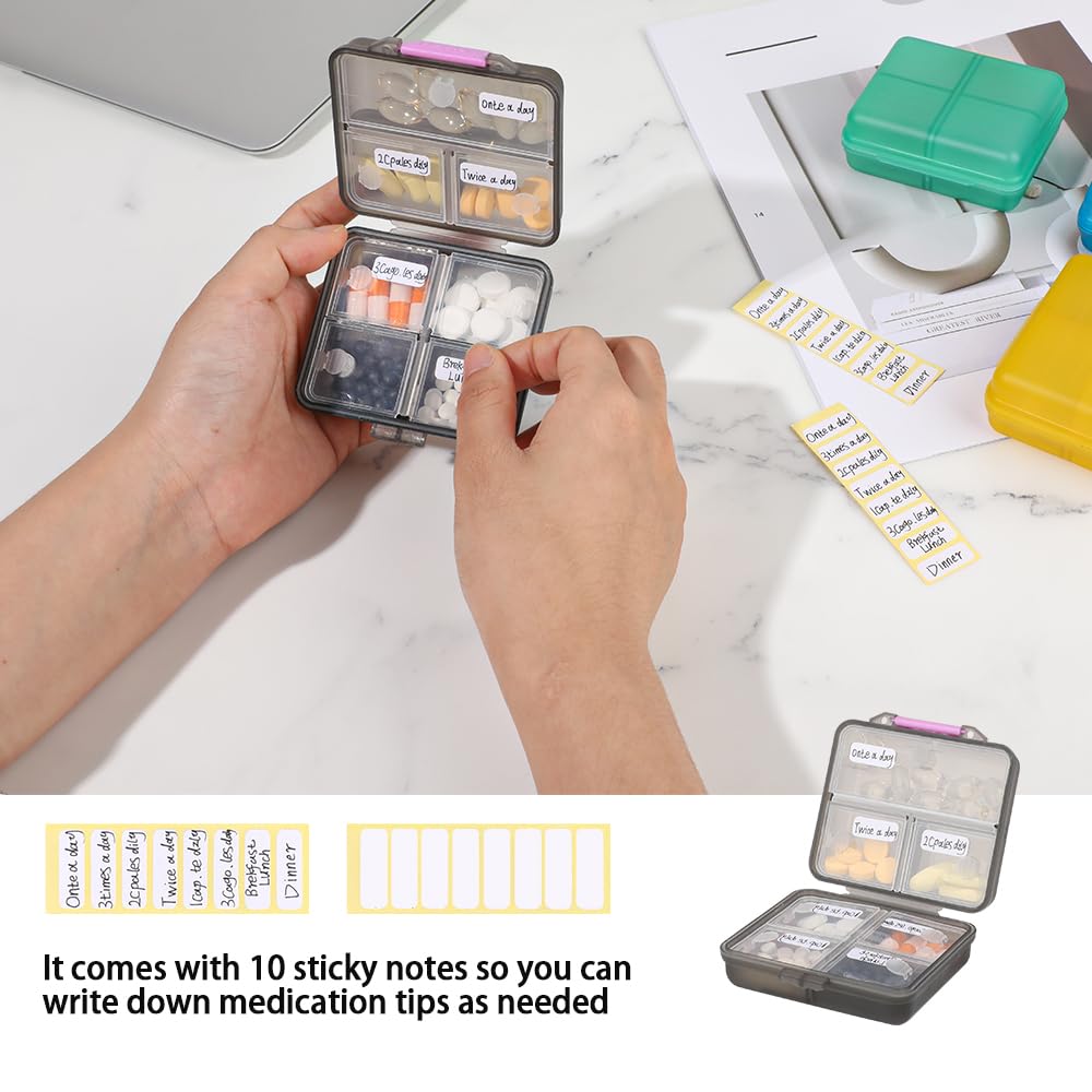 1 Pack Travel Pill Organizer with Labels - Small Portable 7-Day Pill Box, 7 Compartment Medication Case, Food Grade PP Material (Black/Gray) - Perfect for Daily Medicine Storage, Travel & Emergency Kits