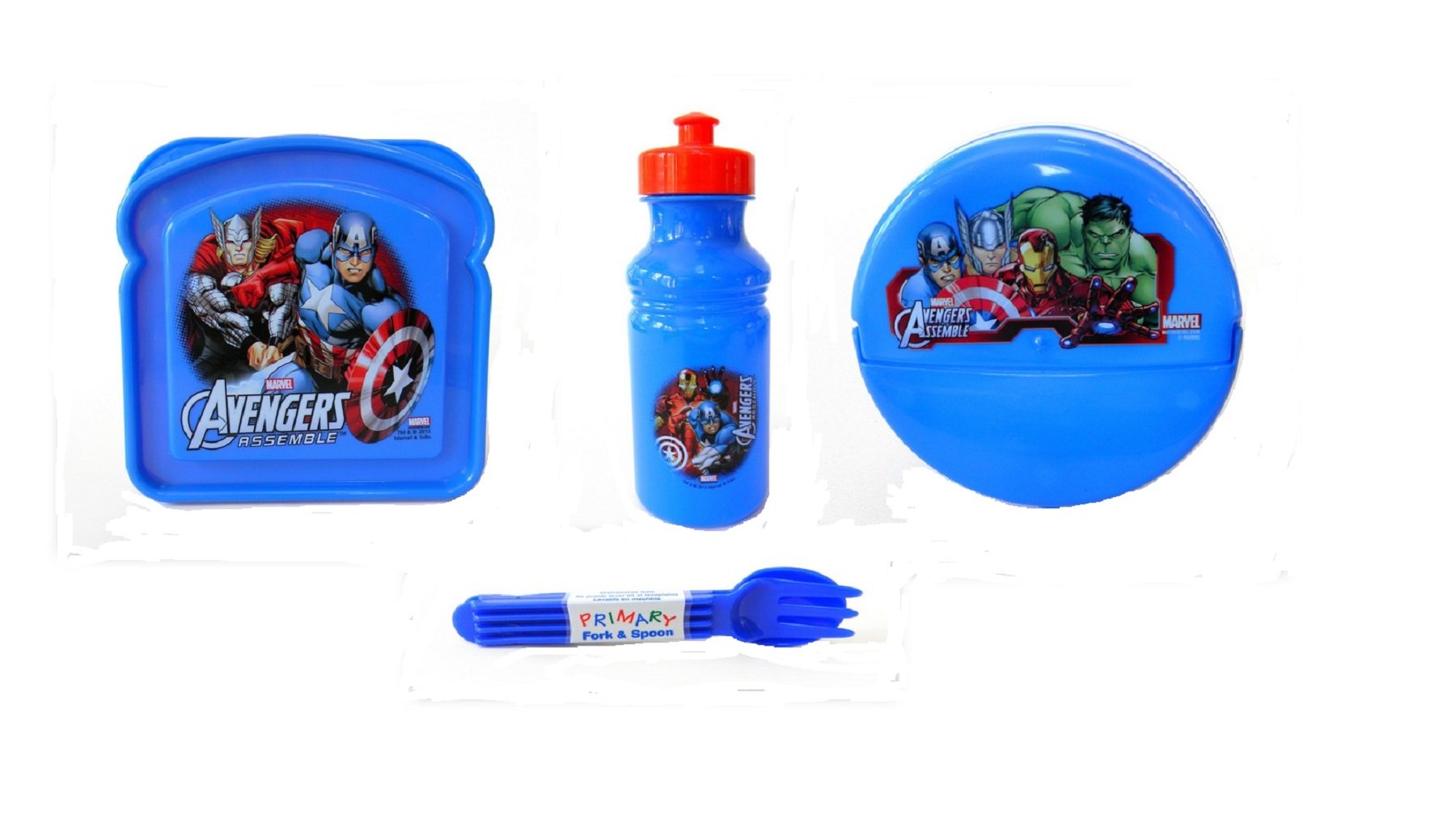 Marvel Avengers Kids Lunch Box Set - Reusable Plastic Water Bottle, Sandwich & Snack Containers with Blue Fork & Spoon | School Lunch, Picnic, Camping Essentials