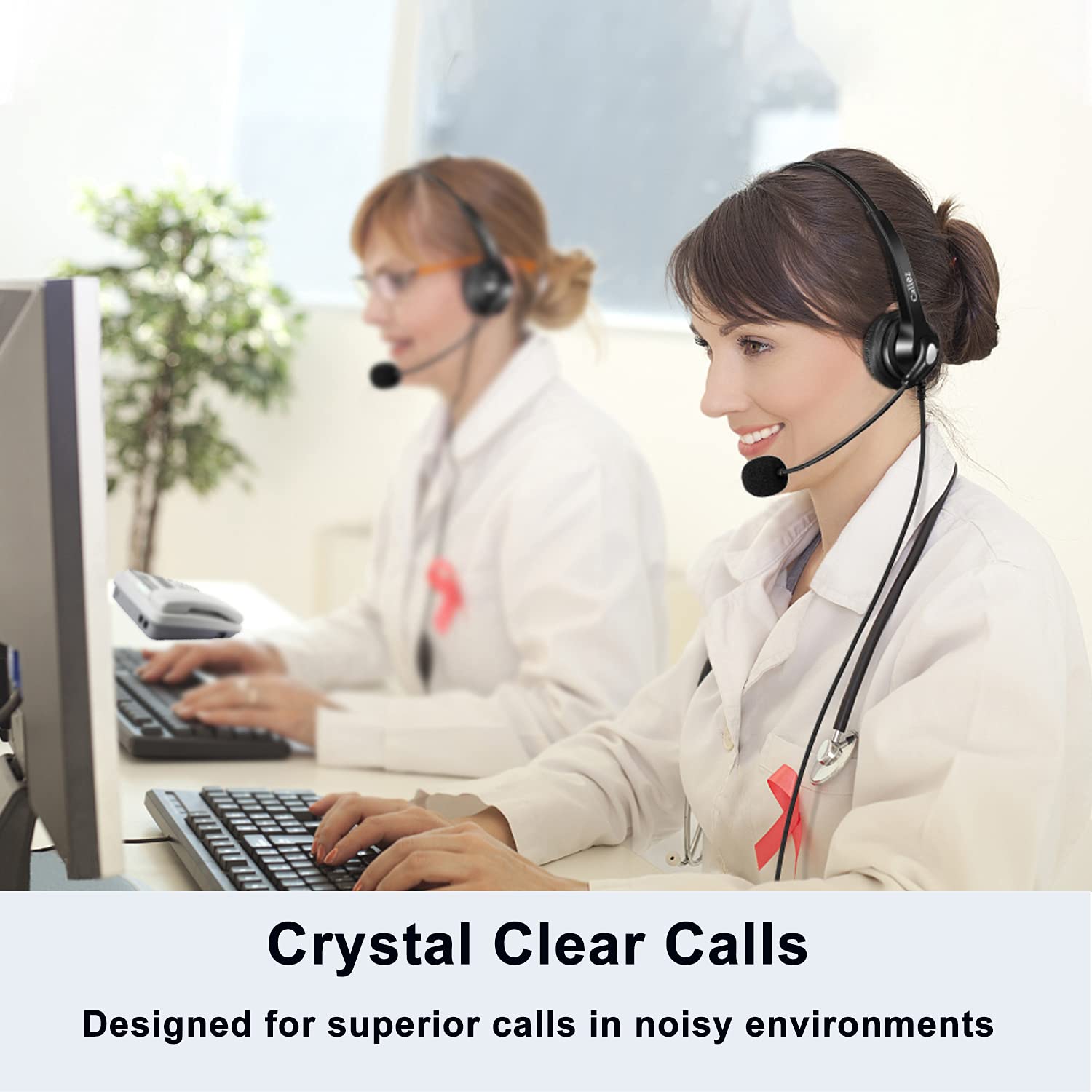 Noise Cancelling RJ9 Phone Headset with Volume Control - Compatible with Polycom VVX310/410/411, Plantronics S12, Avaya 1416/5410, Mitel 5320e, ShoreTel 230 - Ideal for Office Calls, Customer Service & Remote Work