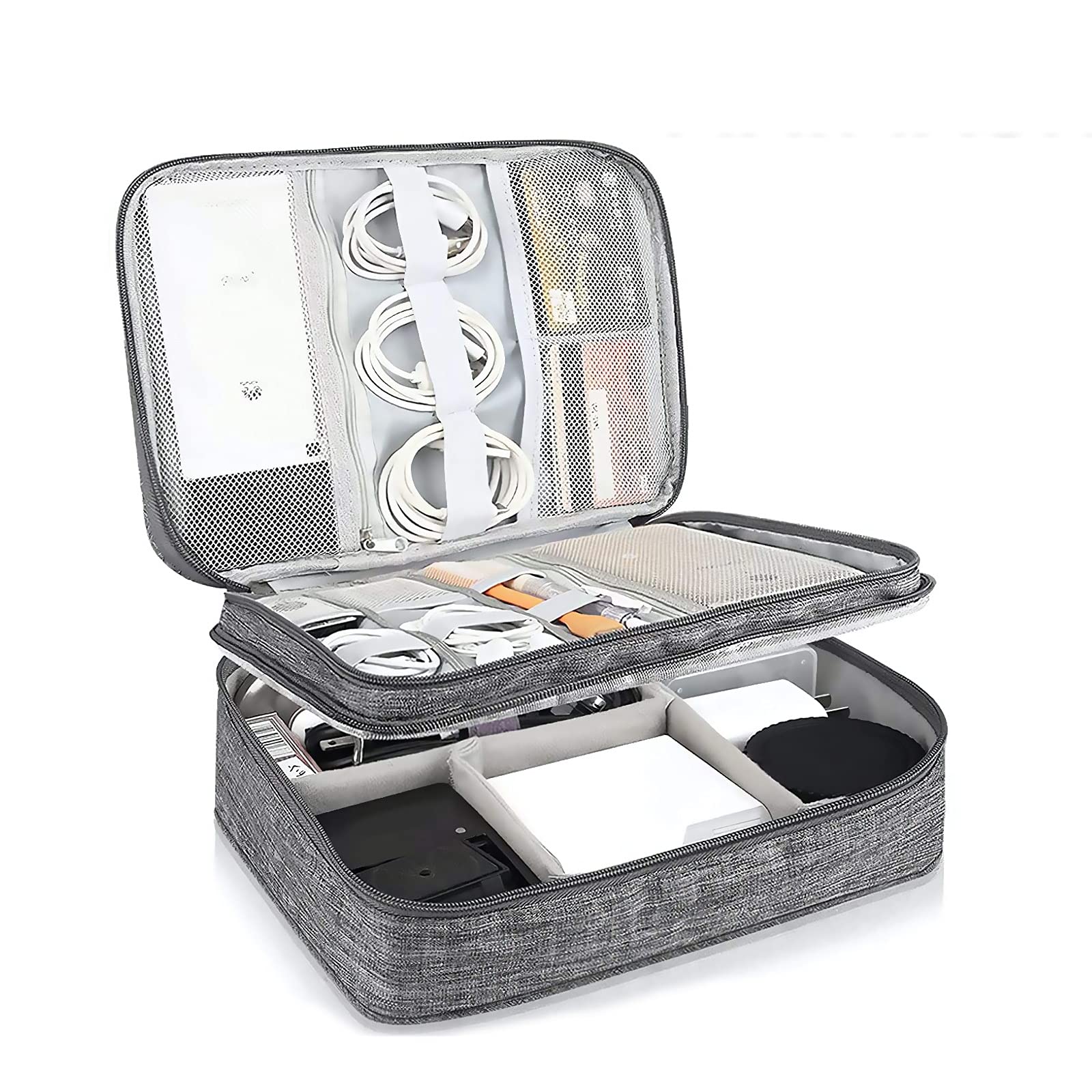 XunHe 3-Layer Waterproof Travel Cable Organizer Bag - Universal Electronics Accessories Pouch for Chargers, Cables, Mouse, Hard Drive & USB Sticks - Perfect for Business Trips, Vacations & Daily Commute (Grey)