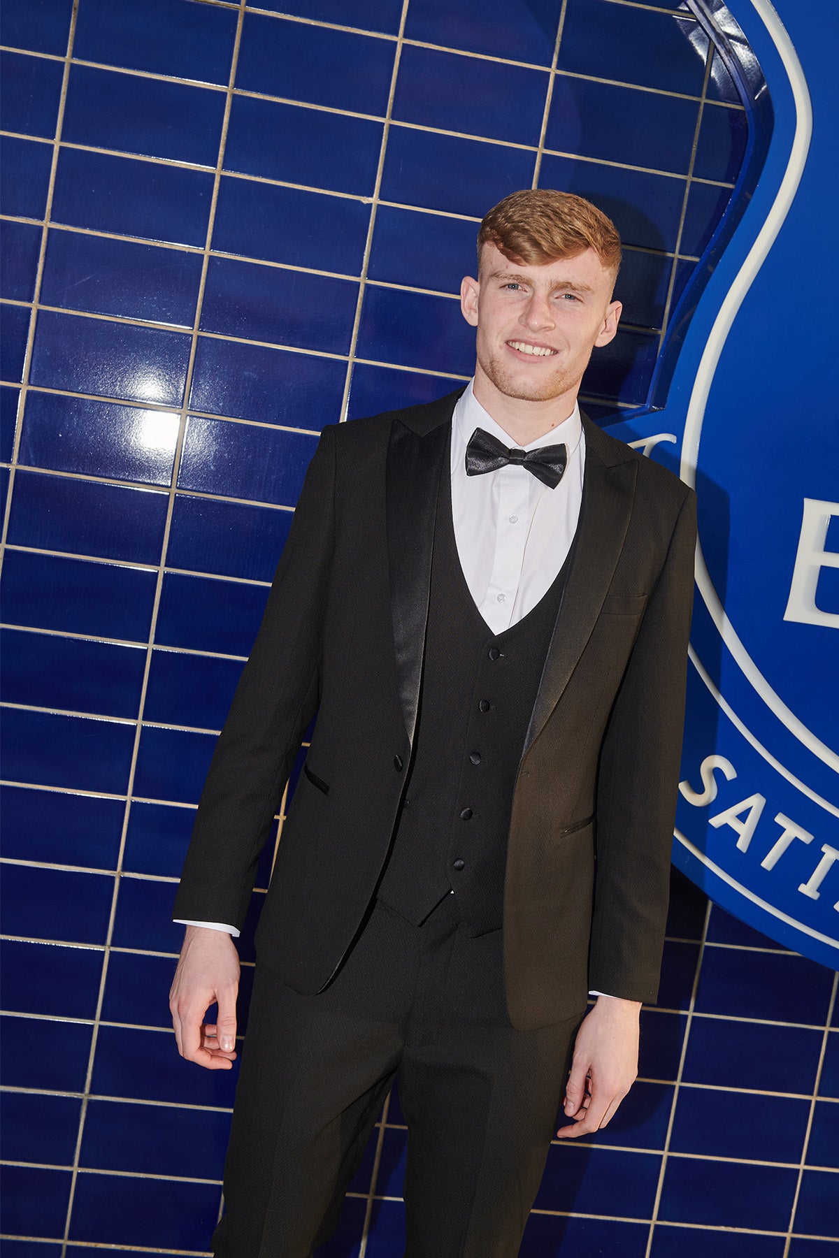 Everton FC Jarrad Branthwaite DALTON Black Tuxedo Suit with Diamond Lapel Pin - Perfect for Weddings, Prom & Formal Events