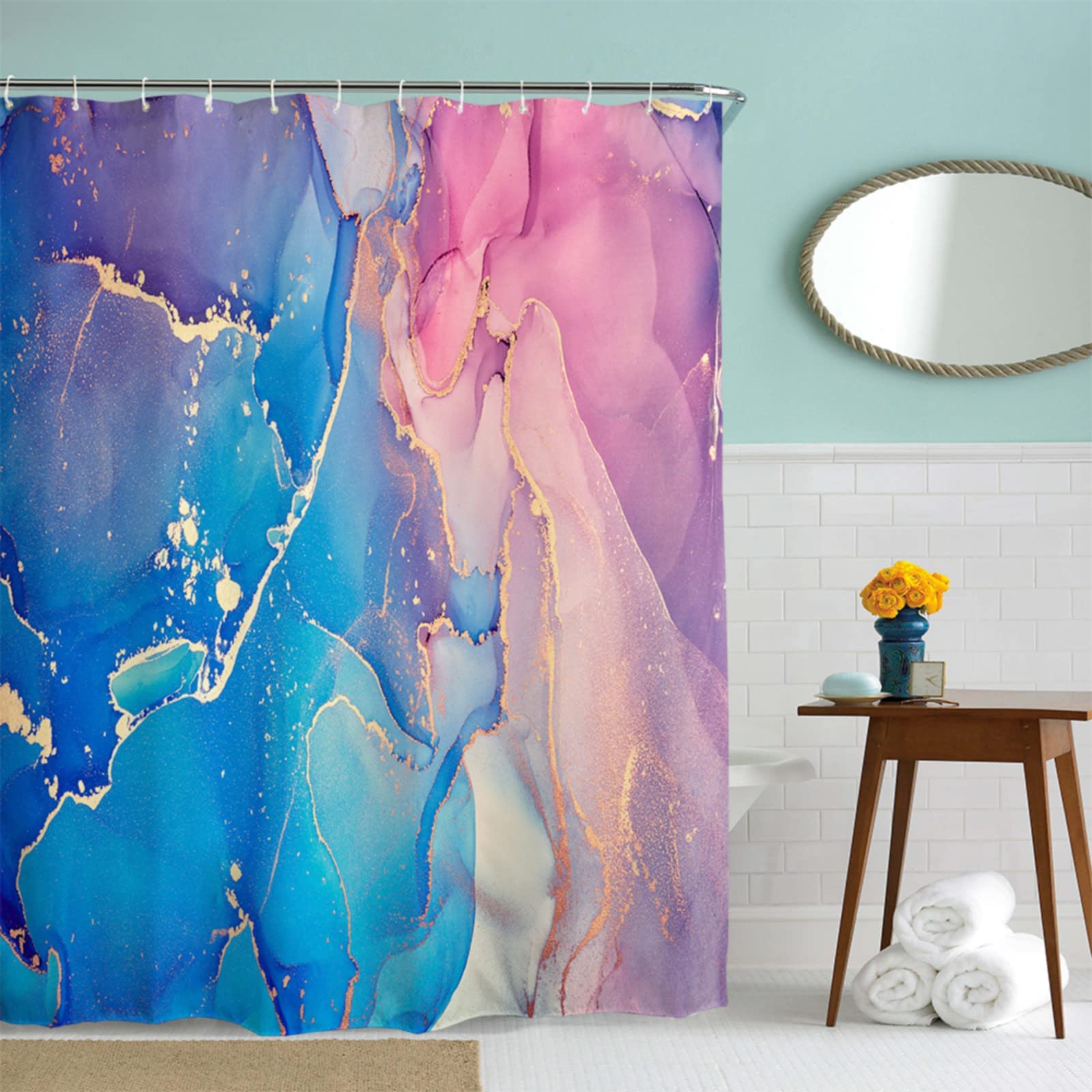Blue and Pink Marble Shower Curtain with Hooks - Abstract Ombre Art Deco Luxury Bathroom Decor - 71x72 Inches Waterproof Fabric for Modern Aesthetic - Perfect for Spa, Hotel, and Home Bathroom Upgrade