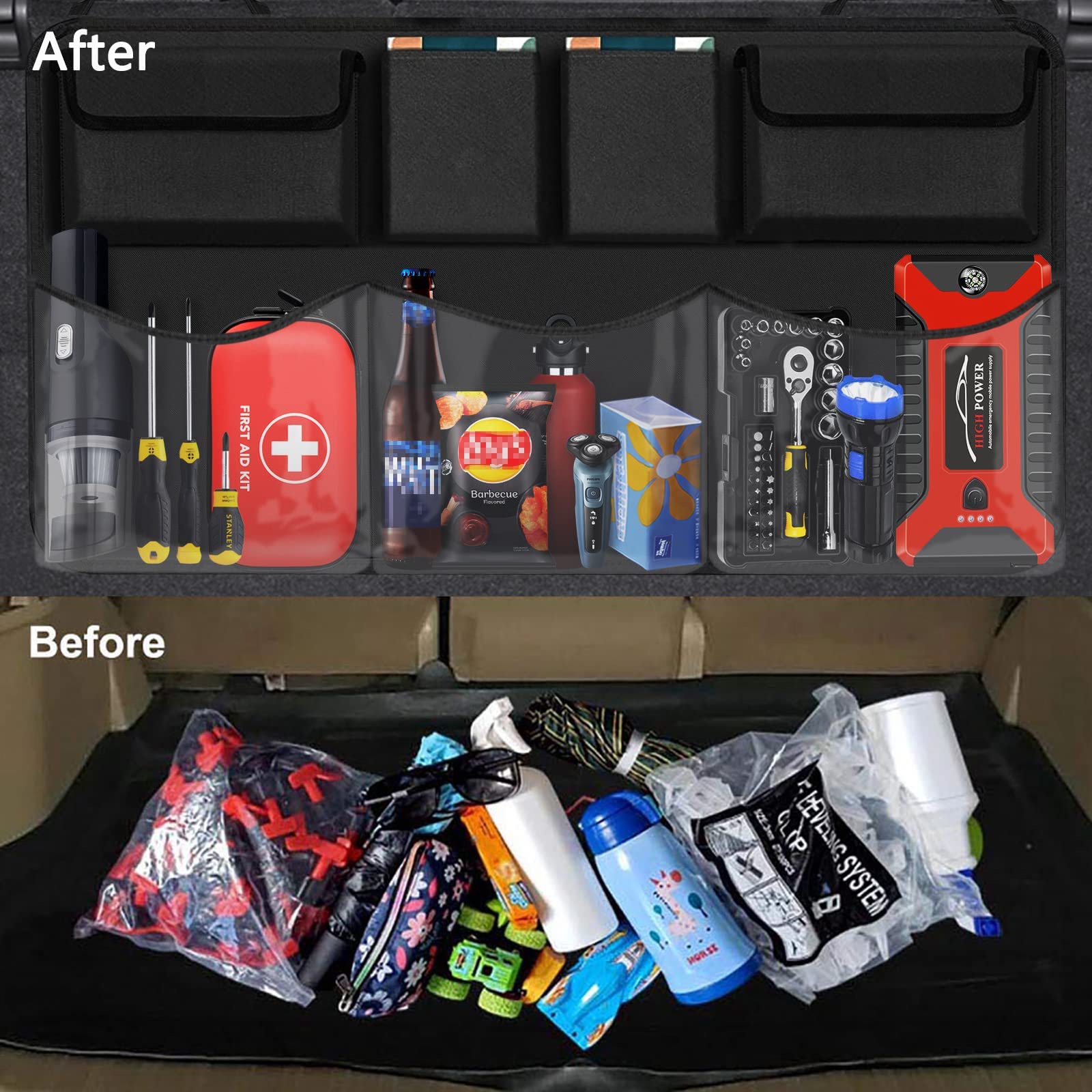 Car Trunk Organizer with 5 Large Storage Pockets - Backseat Hanging Organizer for SUV, Truck, Sedan - Space Saving Car Seat Organizer for Travel, Camping & Road Trips
