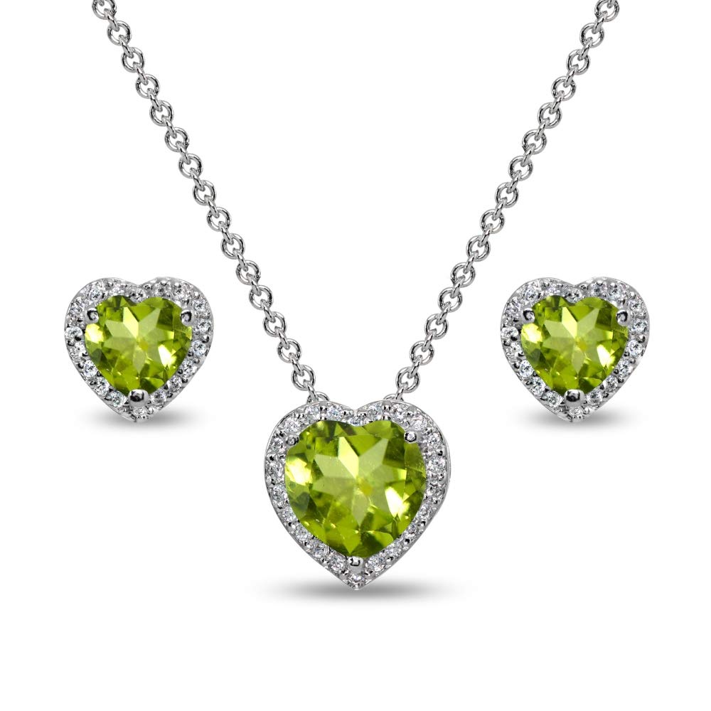 Genuine & Synthetic Gemstone Sterling Silver Halo Heart Necklace & Stud Earrings Set for Women - Perfect for Valentine's Day, Anniversary & Birthday Gifts