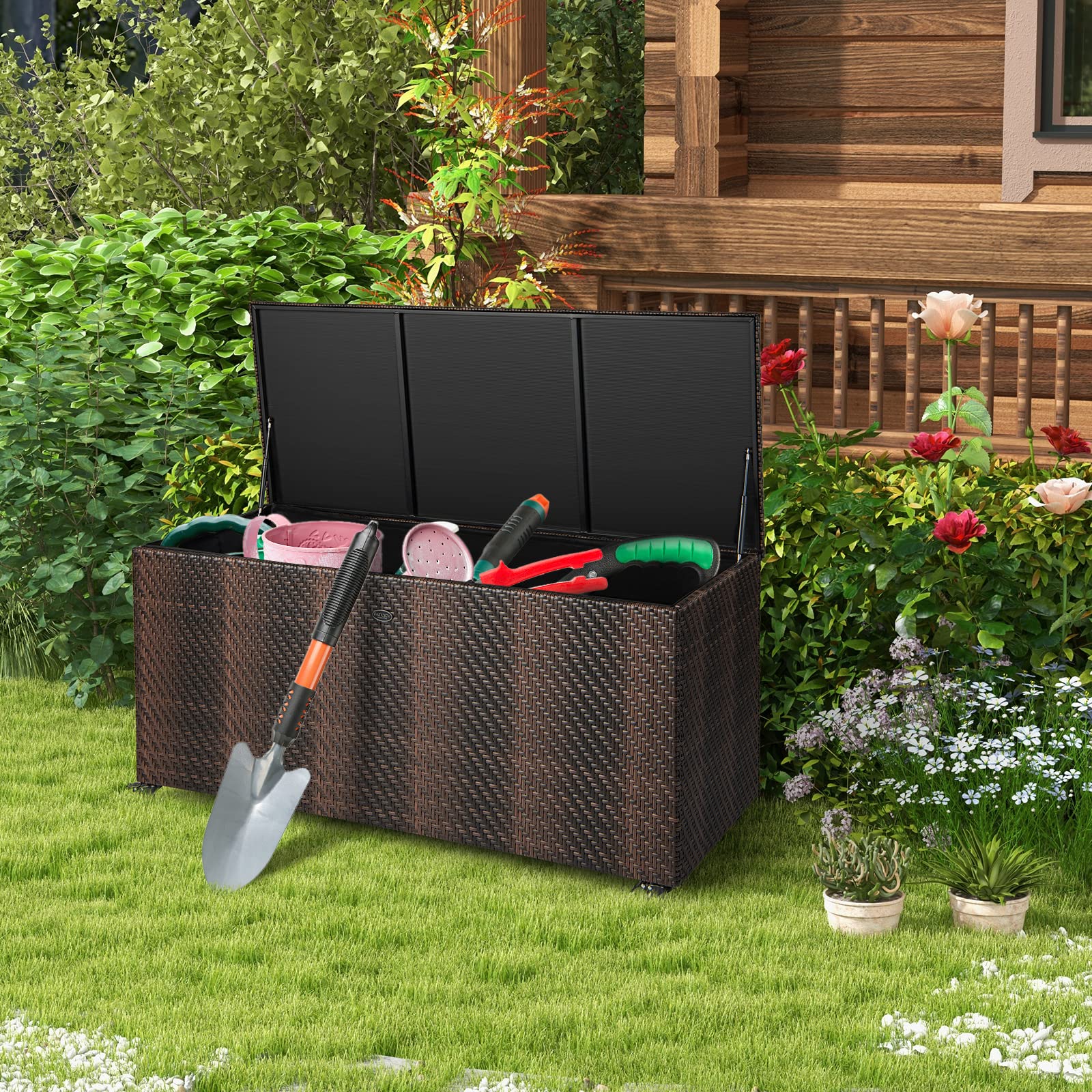 **96 Gallon Outdoor Rattan Deck Box with Wheels - PE Wicker Patio Storage Box with Liner, 2-in-1 Multifunctional Storage for Patio Furniture Cushions, Garden Tools & Pool Accessories - Perfect for Backyard, Deck, and Poolside Organization**
